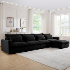 Large L Shape Sectional Corduroy Sofa,Deep Seat Couch with Storage Footstool and 4 Waist Pillows, Black