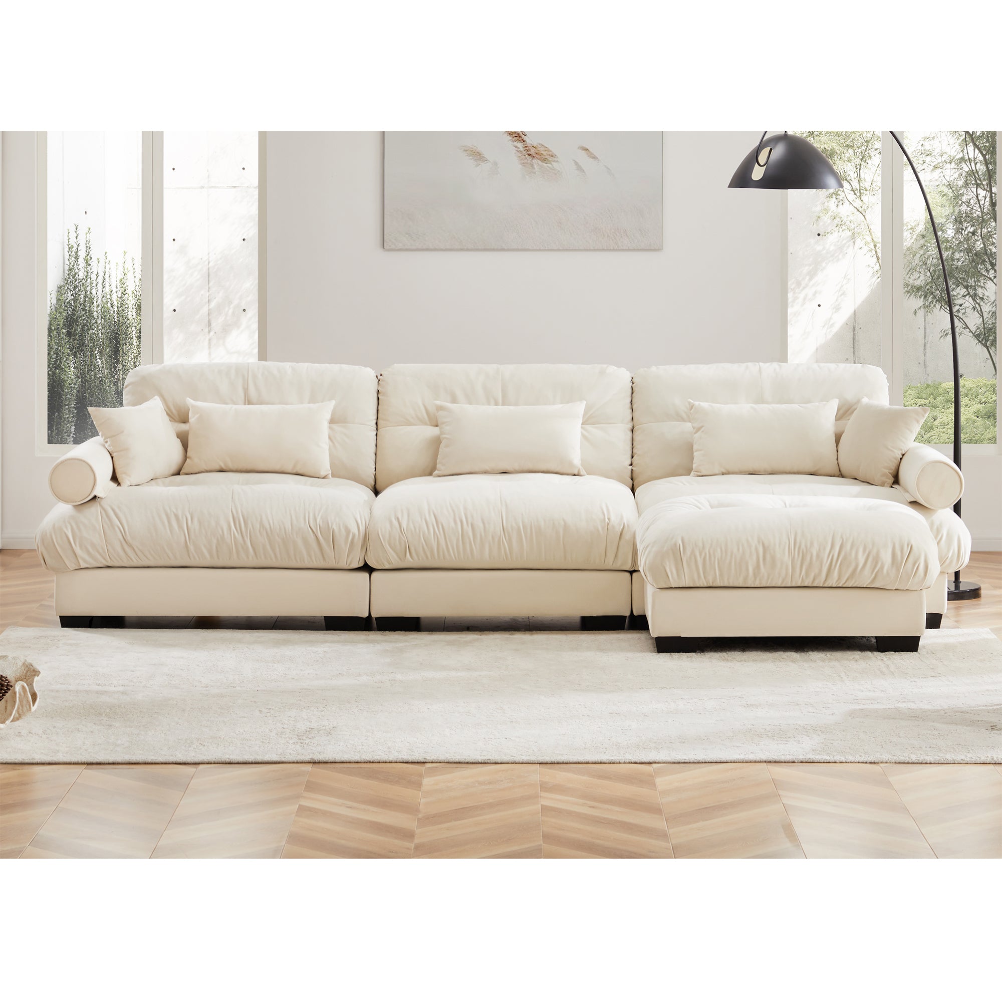 Oversized Modular Velvet Sectional Sofa with Ottoman, Deep Seat L-Shaped Cloud Couch for Living Room, Cream