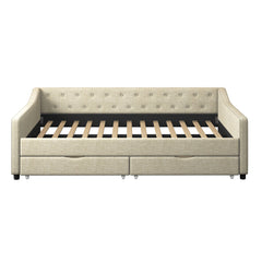 Full Size Daybed with Drawers Upholstered Tufted Sofa Bed, with Button on Back and Piping on Waved Shape Arms-Beige