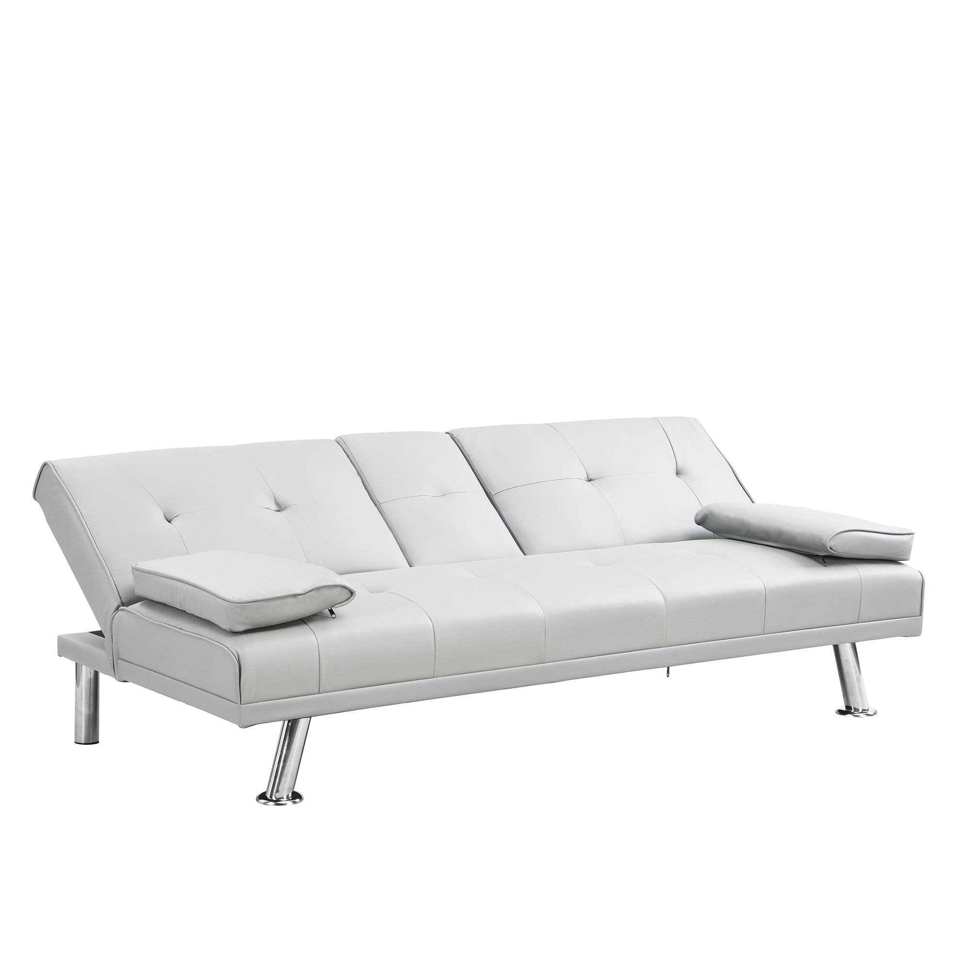 Sofa Bed with Armrest two holders WOOD FRAME, STAINLESS LEG, FUTON WHITE PVC