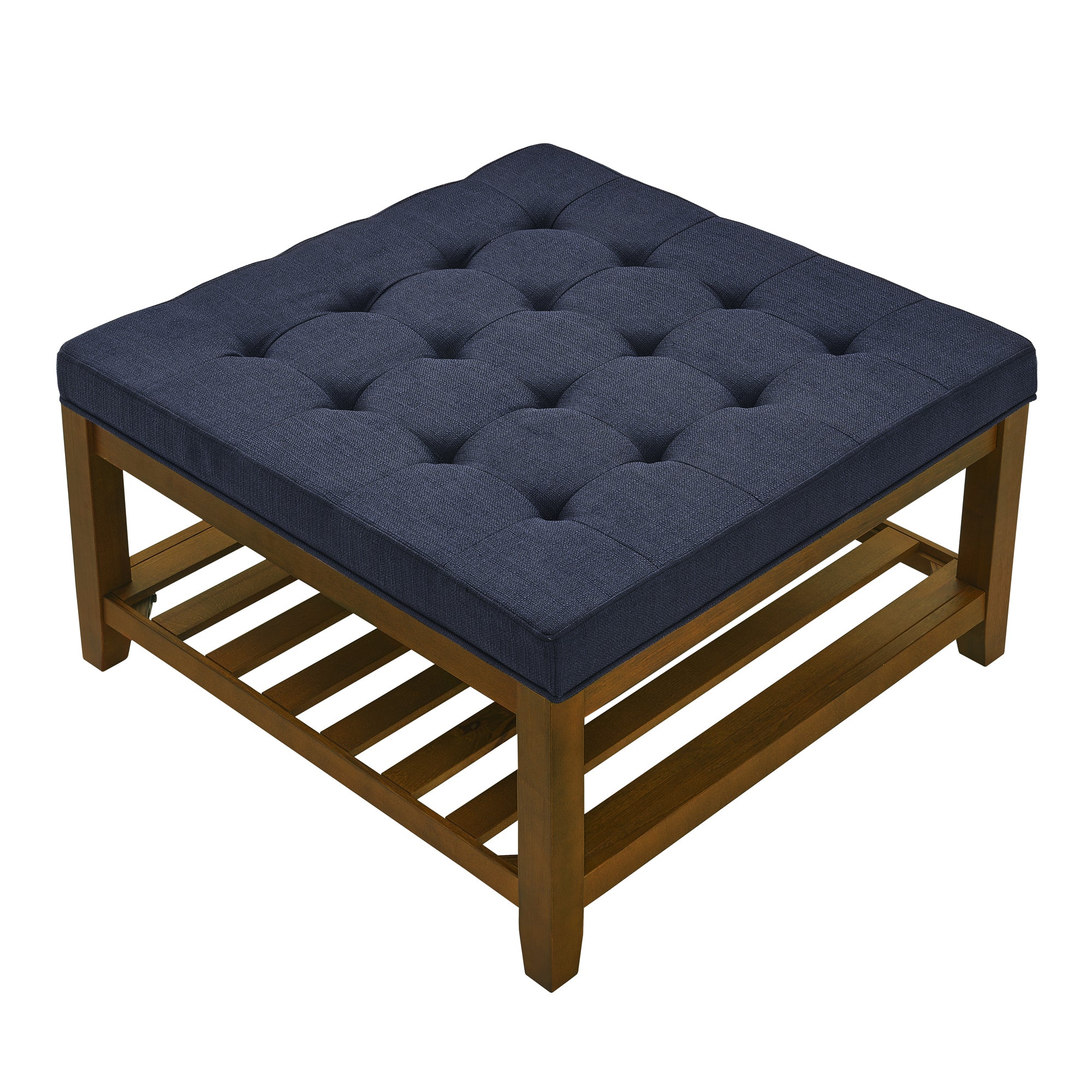 Tufted Upholstered Square Coffee Table Ottoman with Beech Wood Shelf, Oversized Footrest for Living Room, Navy Blue