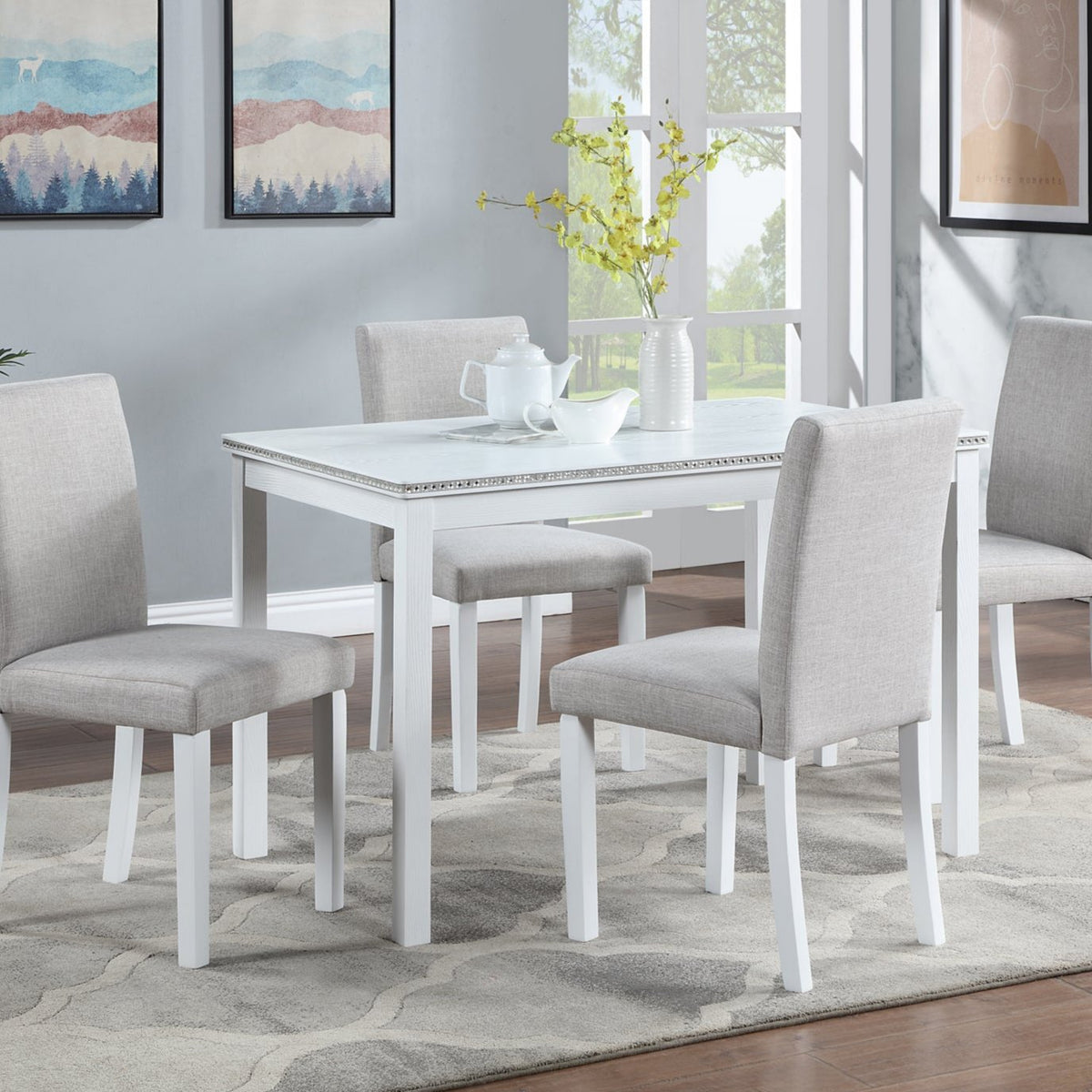 5 Piece Wooden Dining Table Set, Kitchen Table Set with a Rectangular Table and 4 Upholstered Chairs, Wooden Dining Room Table with Crystal Decoration and Chairs Set for Kitchen, Dining Room, White