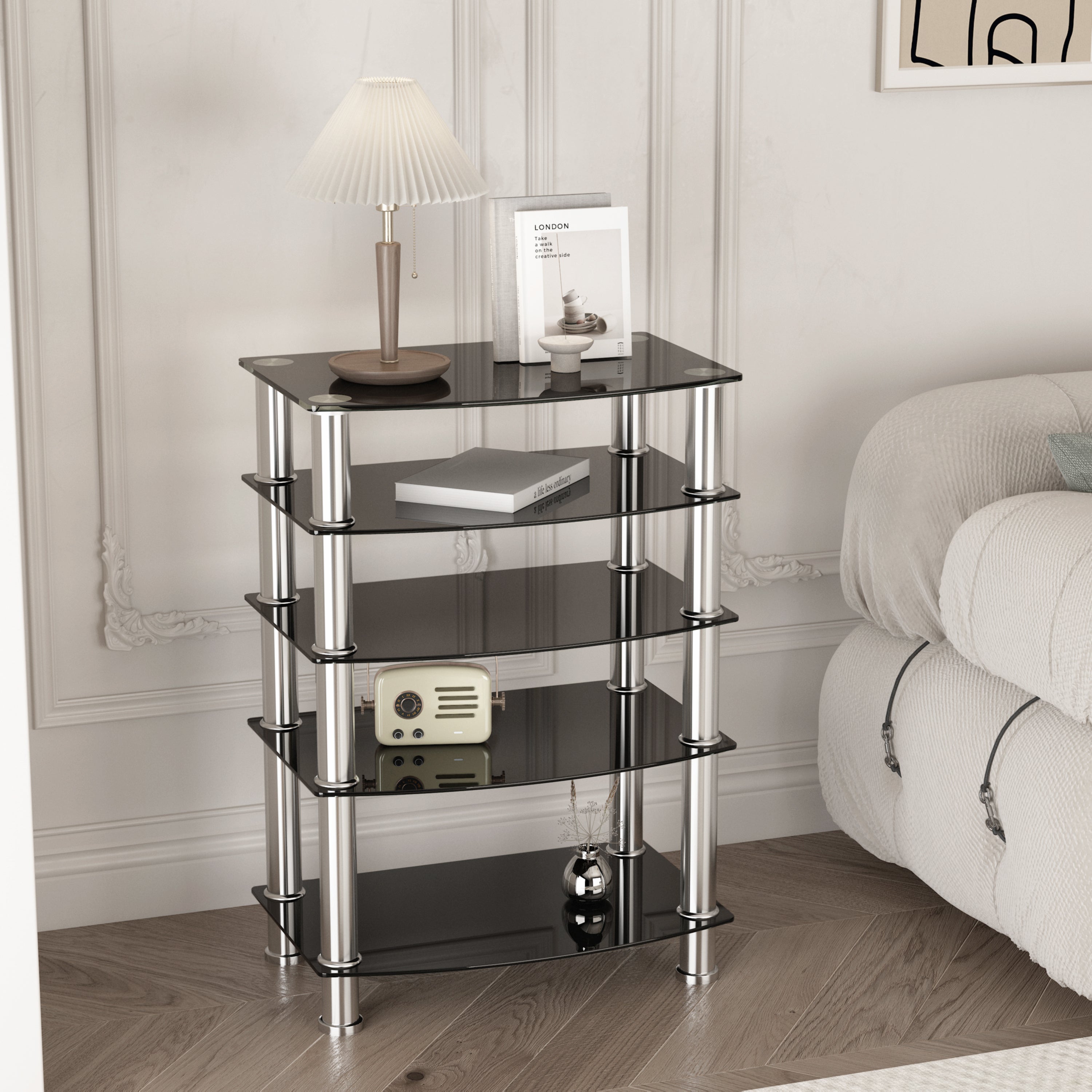 5-Tier  Tempered Glass Side Table Stainless Steel Frame  End Table for Living Room, Bedroom, Black