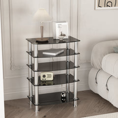 5-Tier  Tempered Glass Side Table Stainless Steel Frame  End Table for Living Room, Bedroom, Black