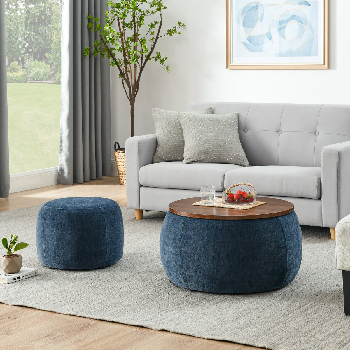 Round Storage Ottoman, 2 in 1 Function, Work as End table and Ottoman,with small seat,Dark blue(25"x25"x14.7")