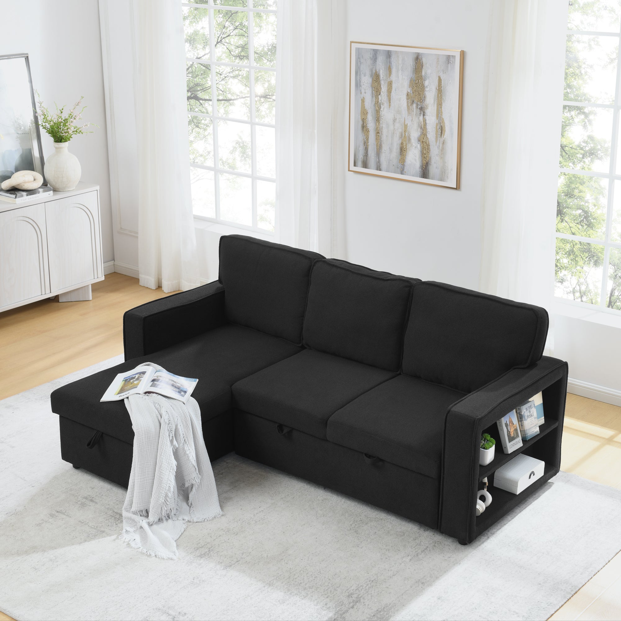 Linen Upholstered Sleeper Sectional Sofa, Shaped Modular Convertible Sofa with Storage Chaise,There are two cup holders in the middle and USB multi-interface function,Pull Out Sleep Couch Bed ,Black