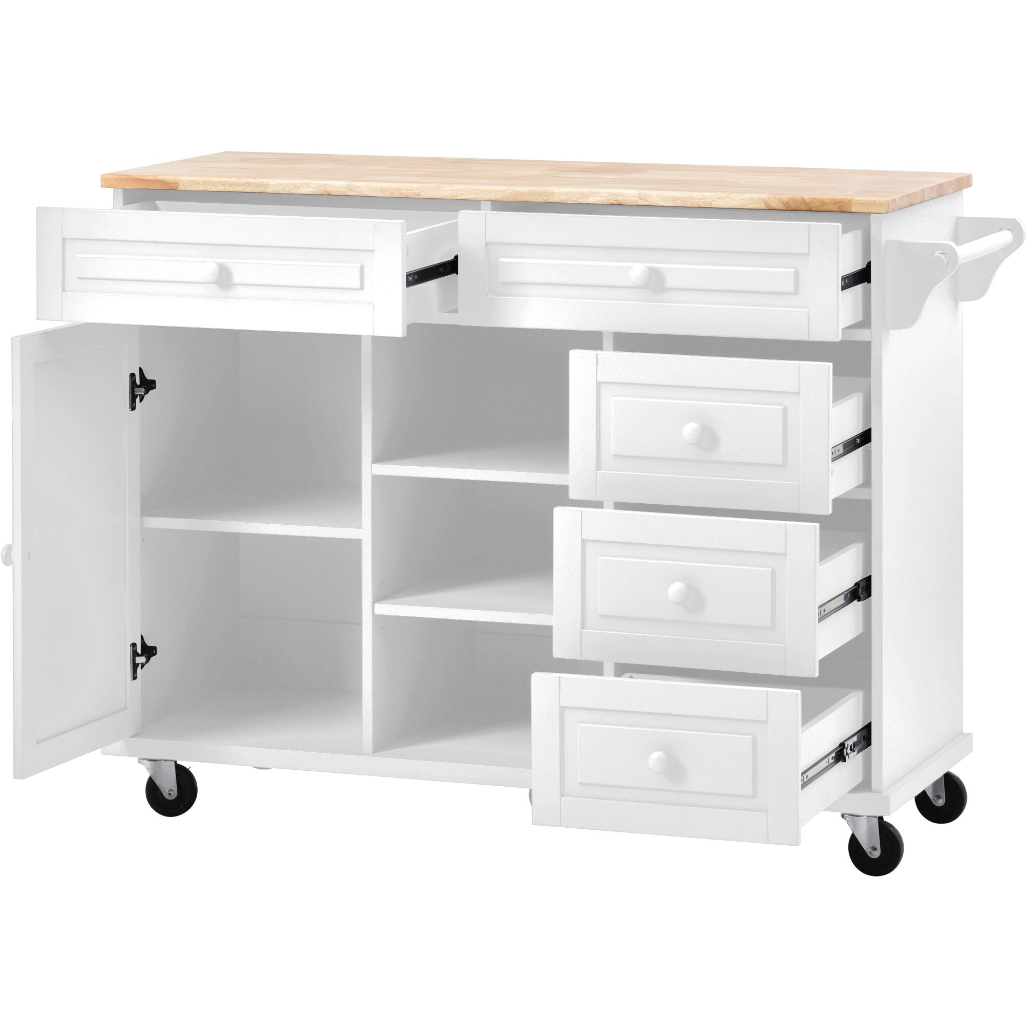 53" Kitchen cart with Rubber wood desktop rolling mobile kitchen island with storage and 5 draws, White