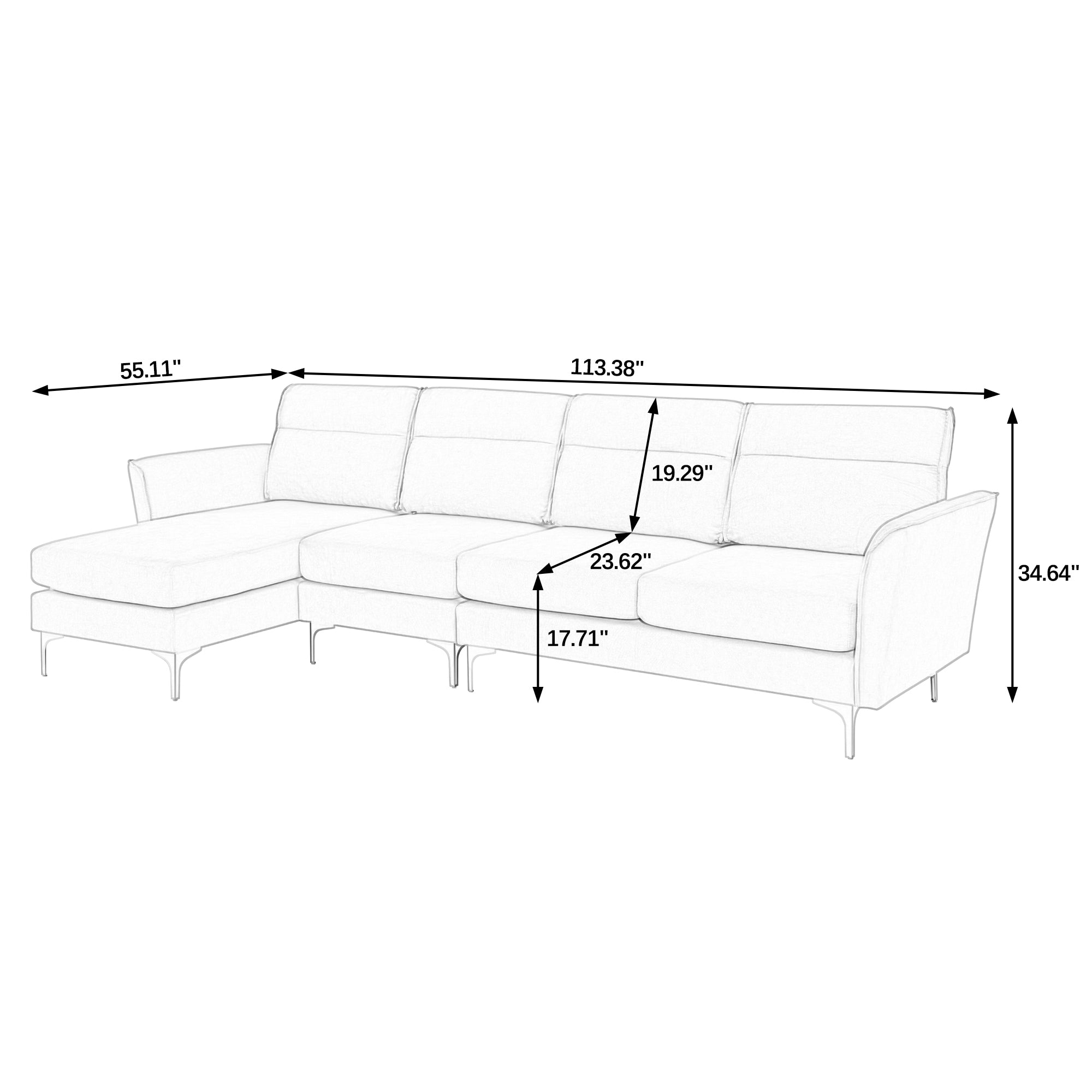 Modern Sofa 3-Seat Couch with Stainless Steel Trim and Metal Legs for Living Room,New package compression sofa technology,black