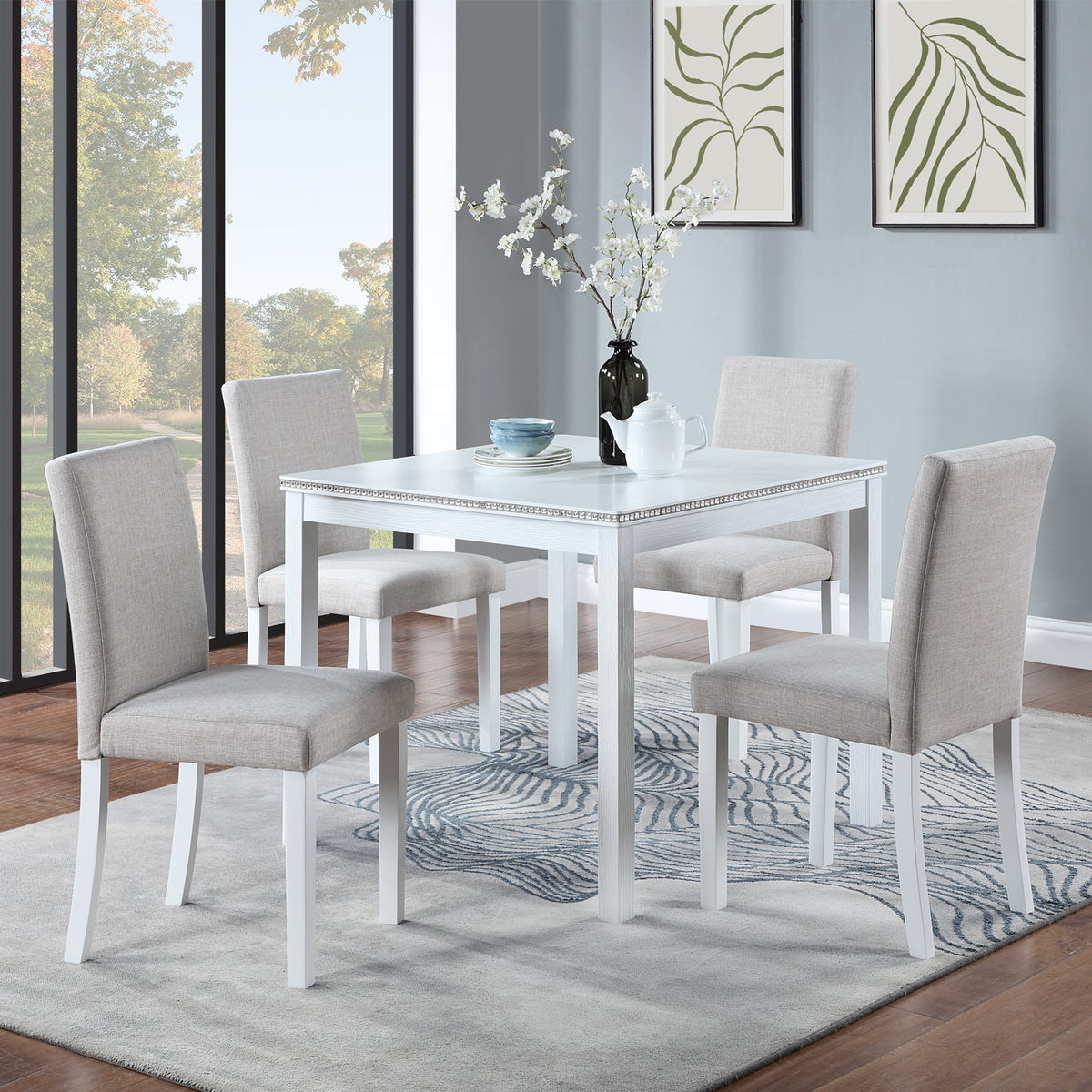 5 Piece Wooden Dining Table Set, Kitchen Table Set with a Square Table and 4 Upholstered Chairs, Wooden Dining Room Table with Crystal Decoration and Chairs Set for Kitchen, Dining Room, White