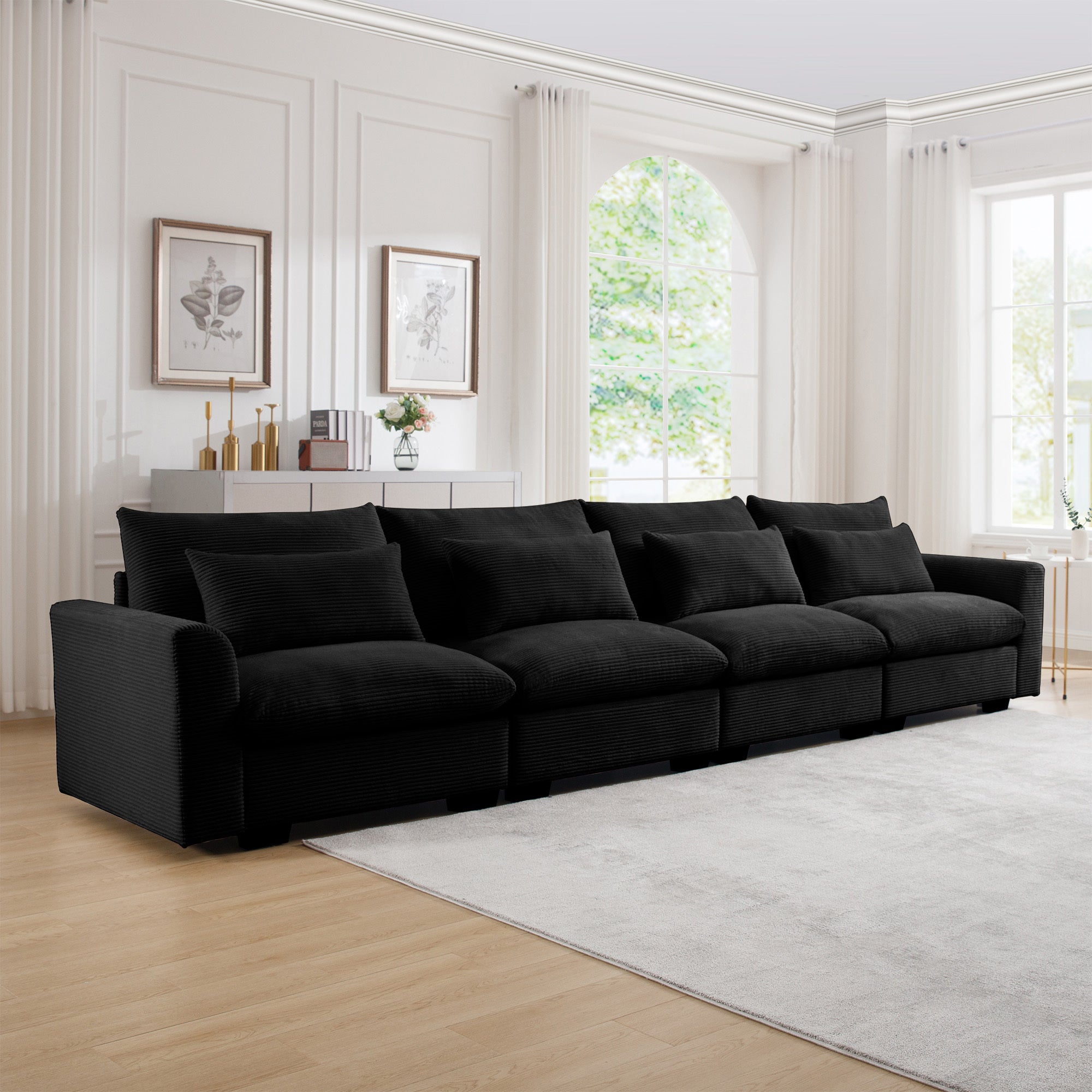 4 Seater Deep Seat Couches for Living Room, Comfy Black Corduroy Sofas for Living Room Modern with 4 Waist Pillows