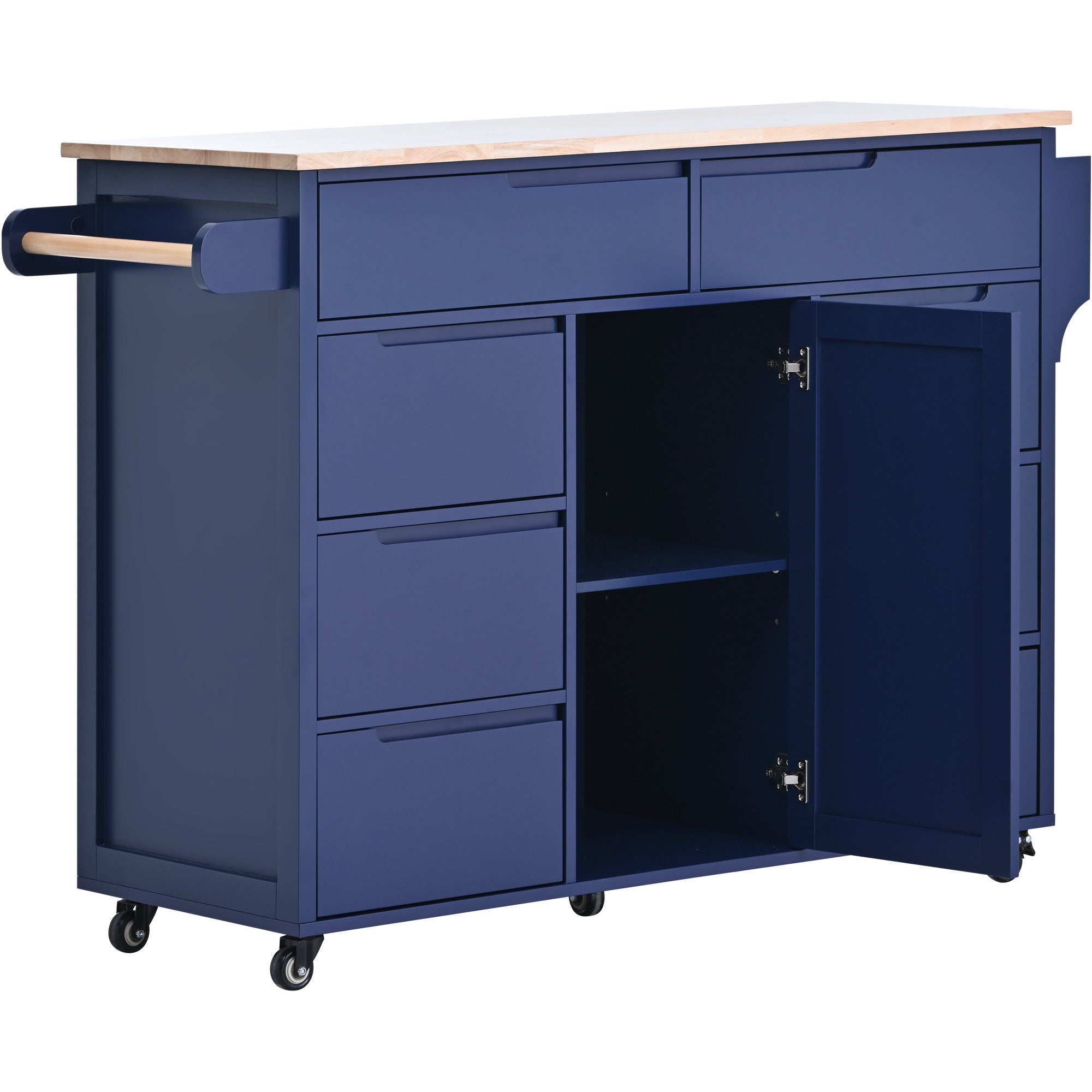 K&K Store Kitchen Cart with Rubber Wood Countertop , 8 Handle-Free Drawers and 5 Wheels for Kitchen Dinning Room, Dark Blue