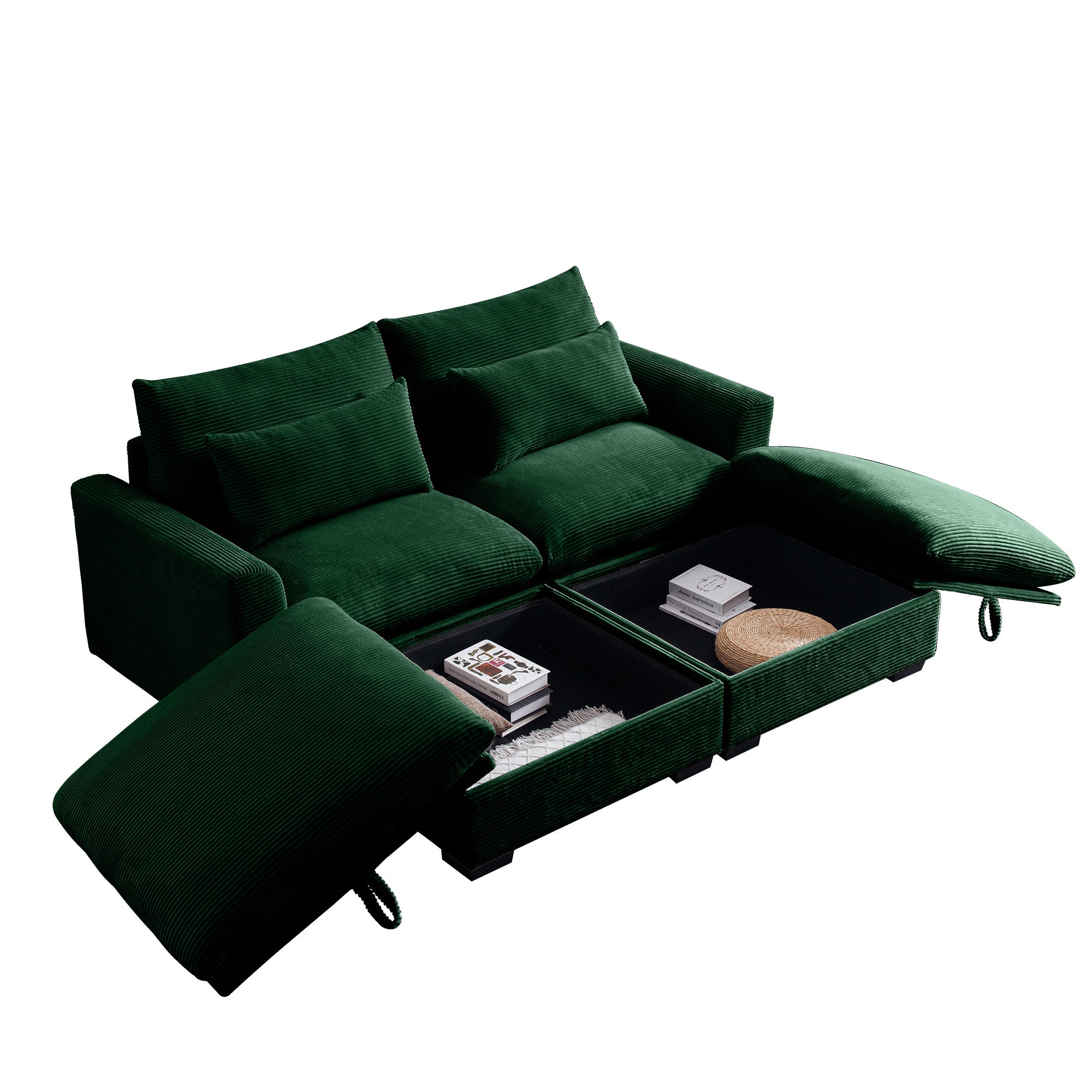 Corduroy Two-Seater Sofa with 2 Storage Footrest,2 Seater Sectional  deep seat sofa,Comfy Couches for Living Room,Green Sofa