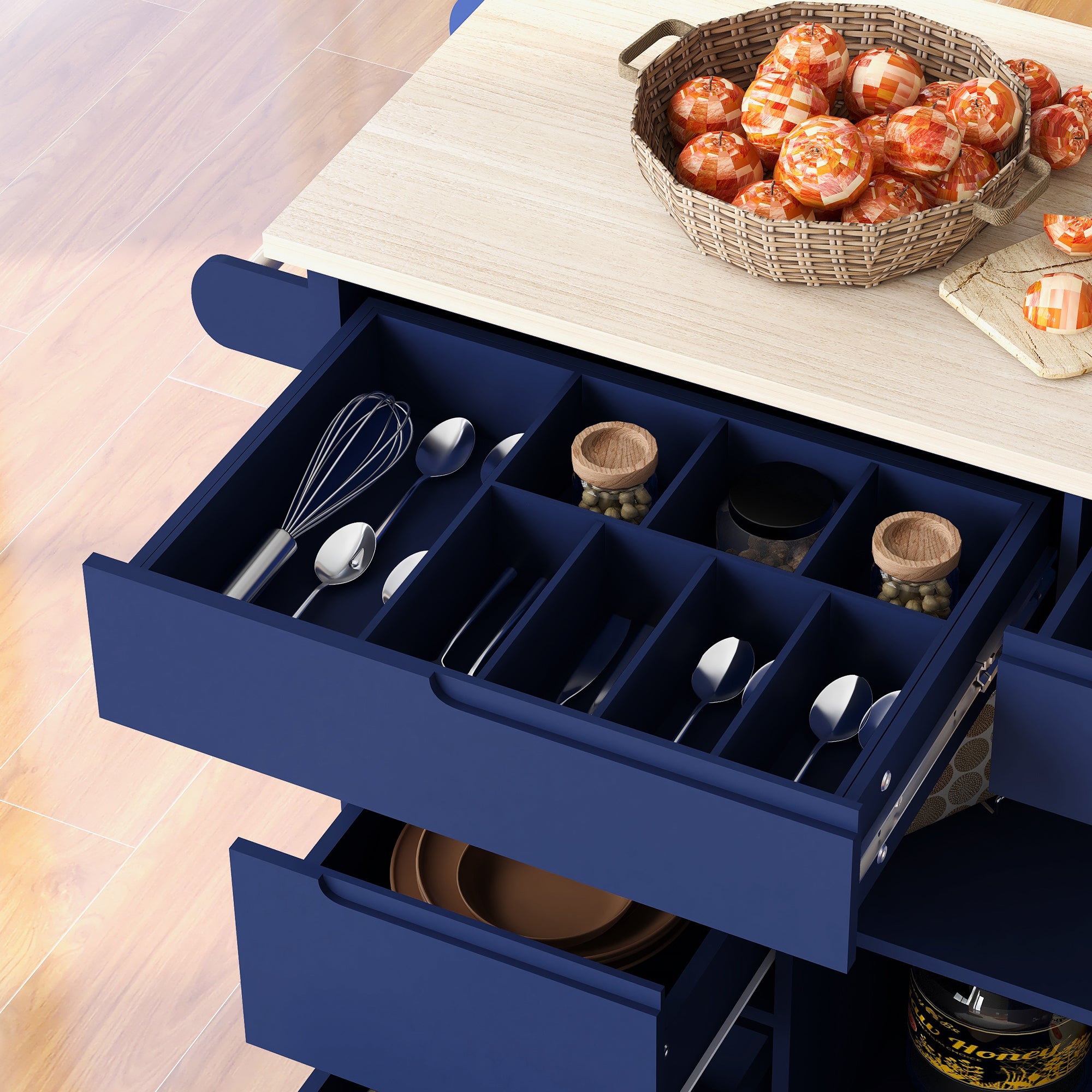 K&K Store Kitchen Cart with Rubber Wood Countertop , 8 Handle-Free Drawers and 5 Wheels for Kitchen Dinning Room, Dark Blue