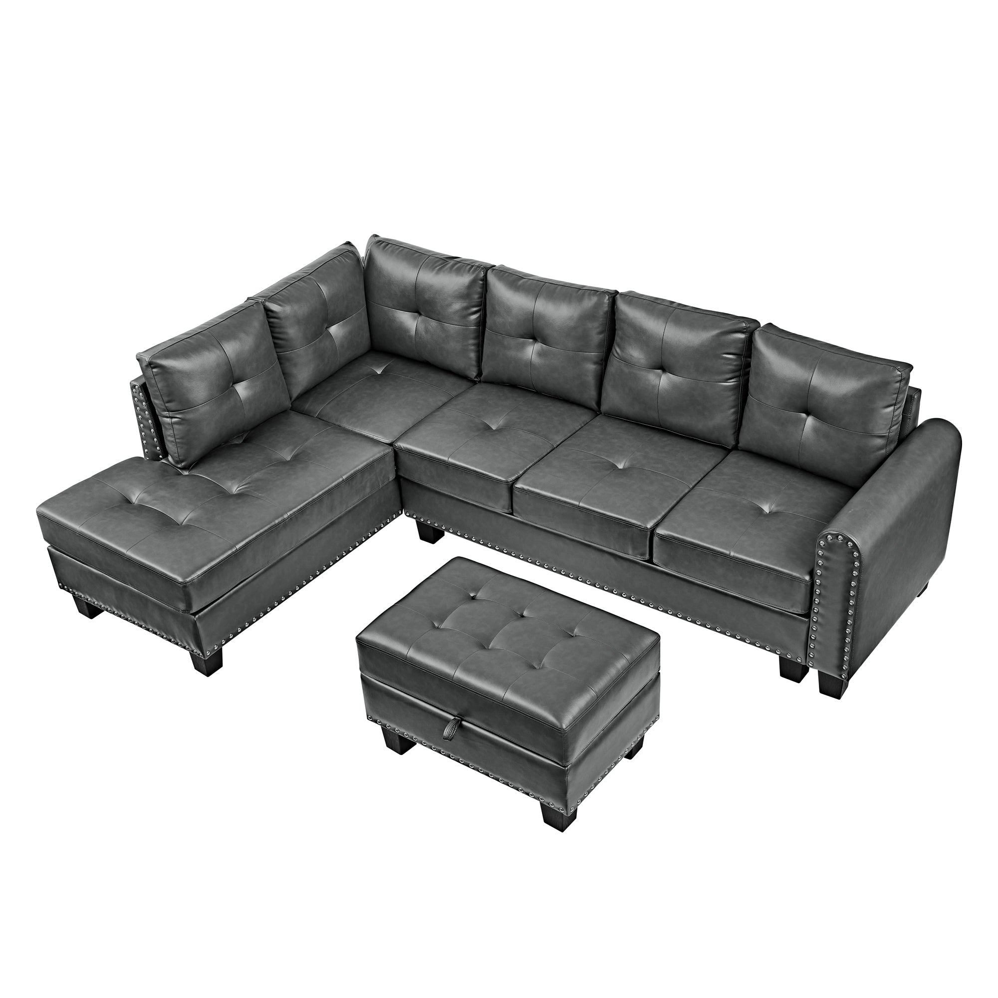 Sectional 3-Seaters Sofa , reversible recliner, Storage pad and wood grain cup holder, Non-slip leg, pu, grey