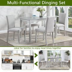 5 Piece Wooden Dining Table Set, Kitchen Table Set with a Rectangular Table and 4 Upholstered Chairs, Wooden Dining Room Table with Crystal Decoration and Chairs Set, Silver grey