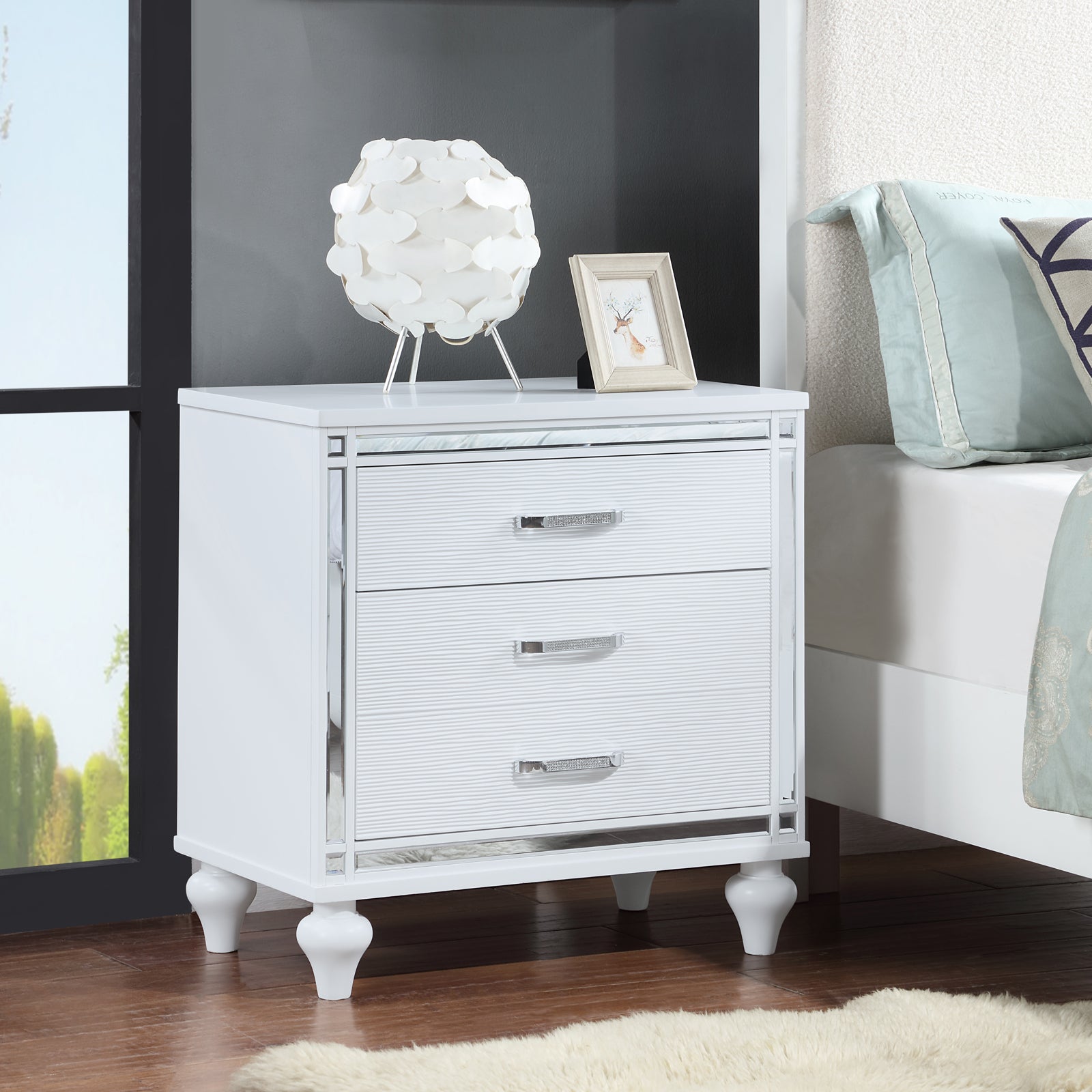 Contemporary Nightstands with mirror frame accents, Bedside Table with two drawers and one hidden drawer, End Table with Crystal Pull for Living Room,Bedroom, White