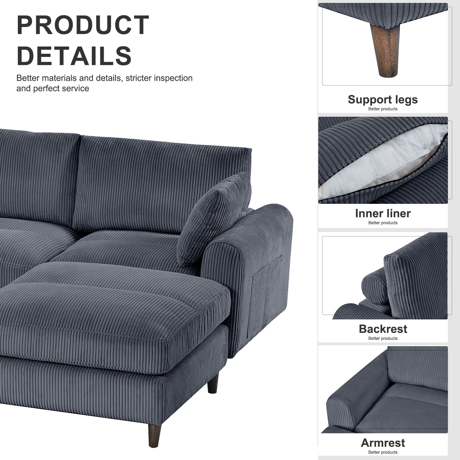 6-Seat Corduroy Modular Sofa, U/L Shape with Footstool – Gray