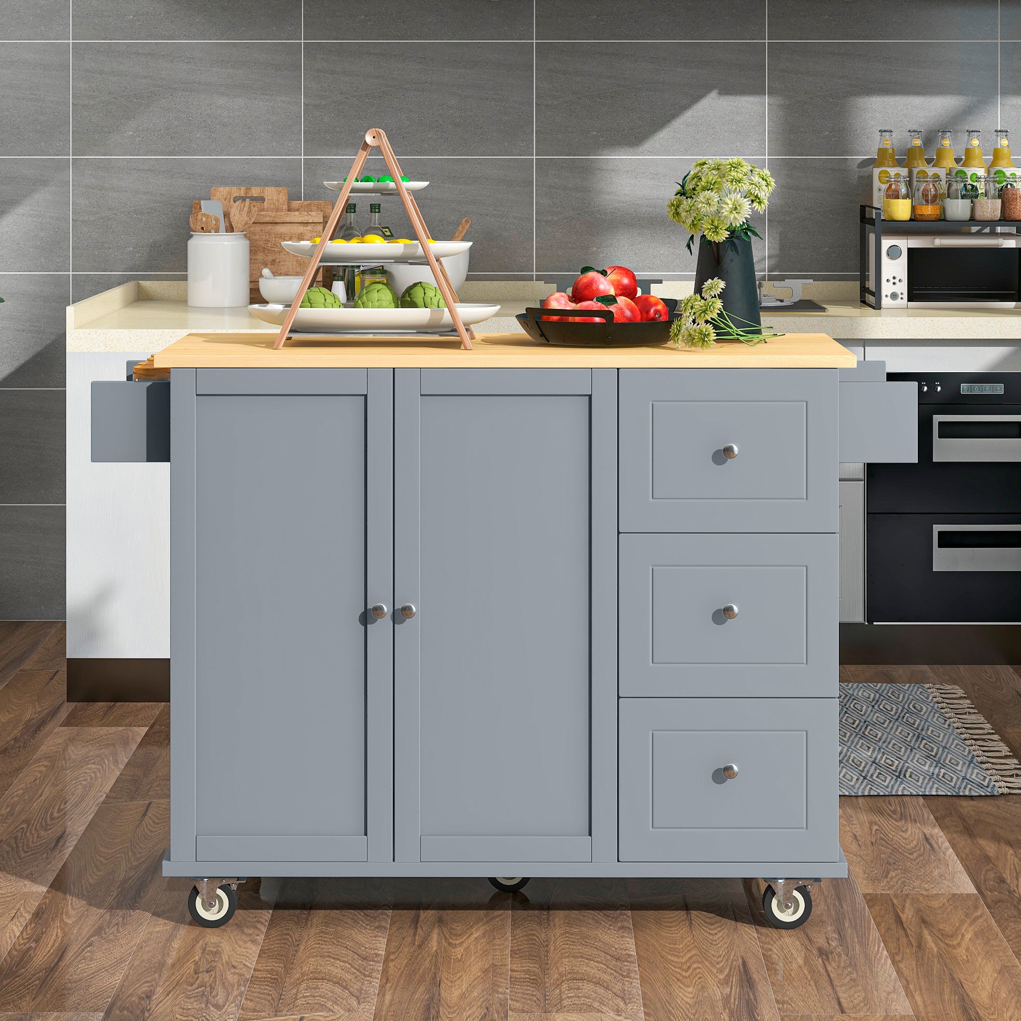 52.7" Rolling Mobile Kitchen Island with Solid Wood Top and Locking Wheels, Grey Blue