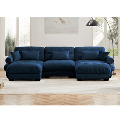 U-Shaped Modular Sectional Sofa with Movable Ottomans, Modern 3-Seater Corner Couch with Pillows and Bolstered Armrests, Blue