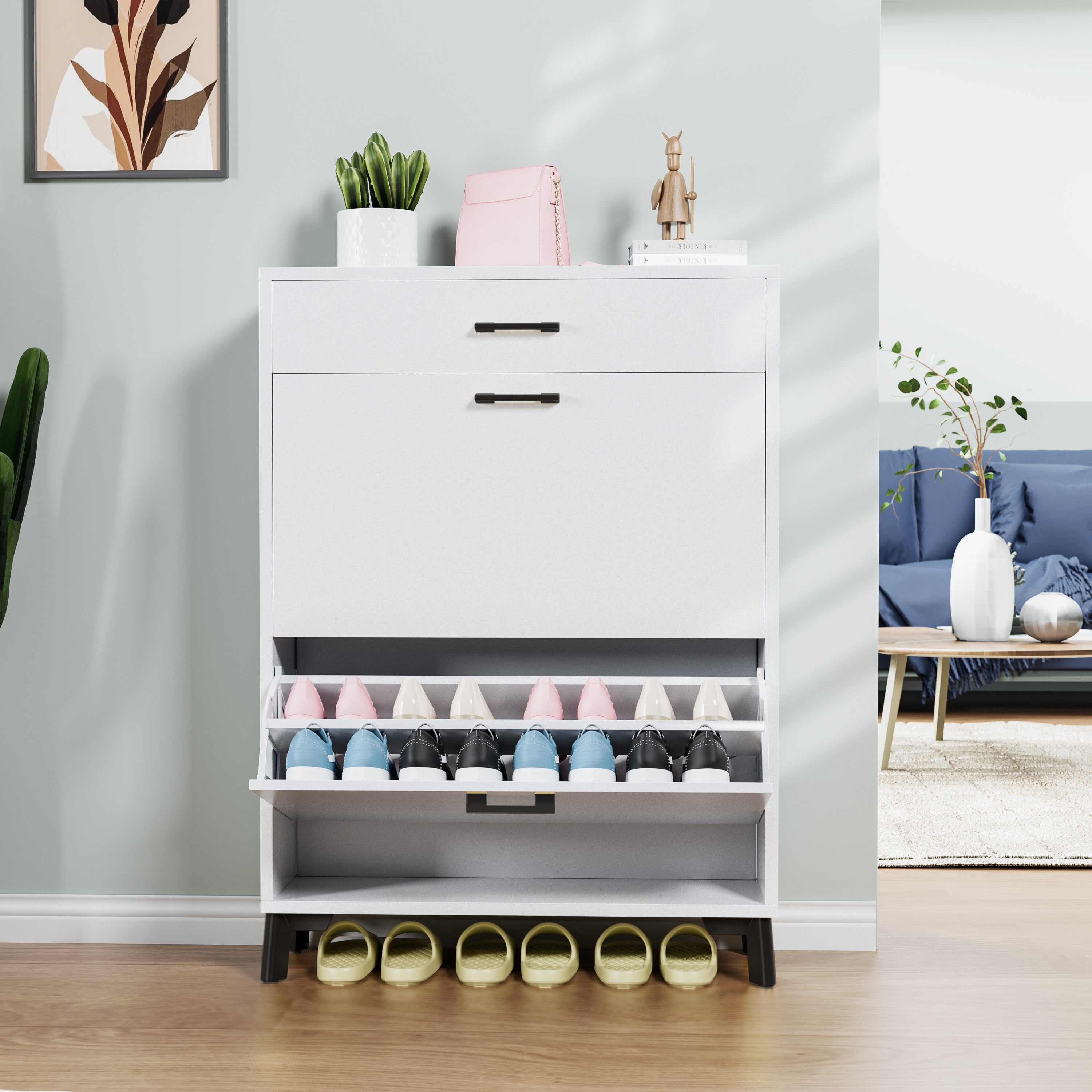 Freestanding Shoe Storage Cabinet with 2 Flip Drawers, Hidden Shoe Organizer for Entryway, Hallway, and Closet, White