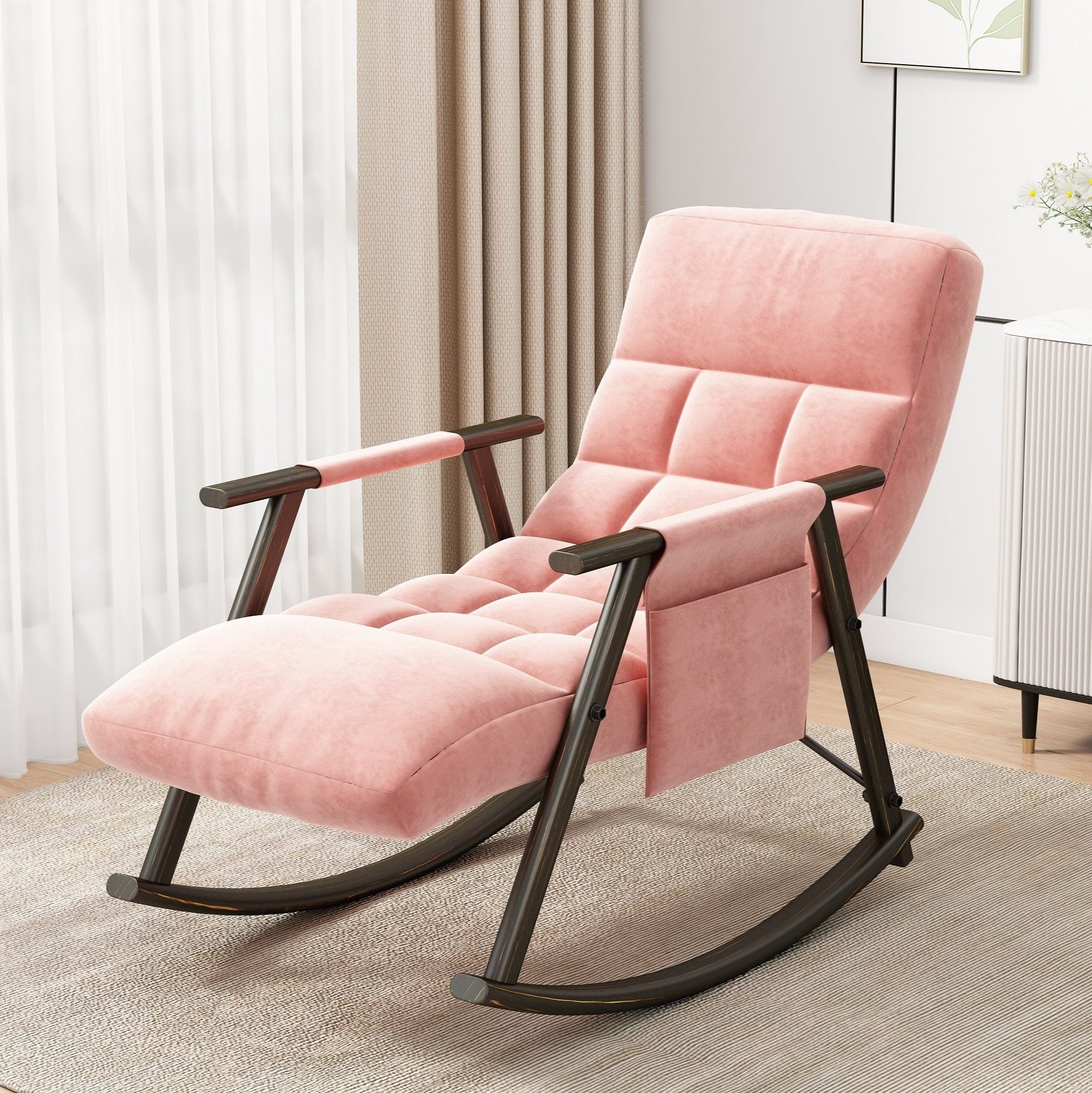 Casual folding rocking chair upholstered, lounge rocking chair adjustable high back and foot rest,side pockets placed in living room bedroom balcony