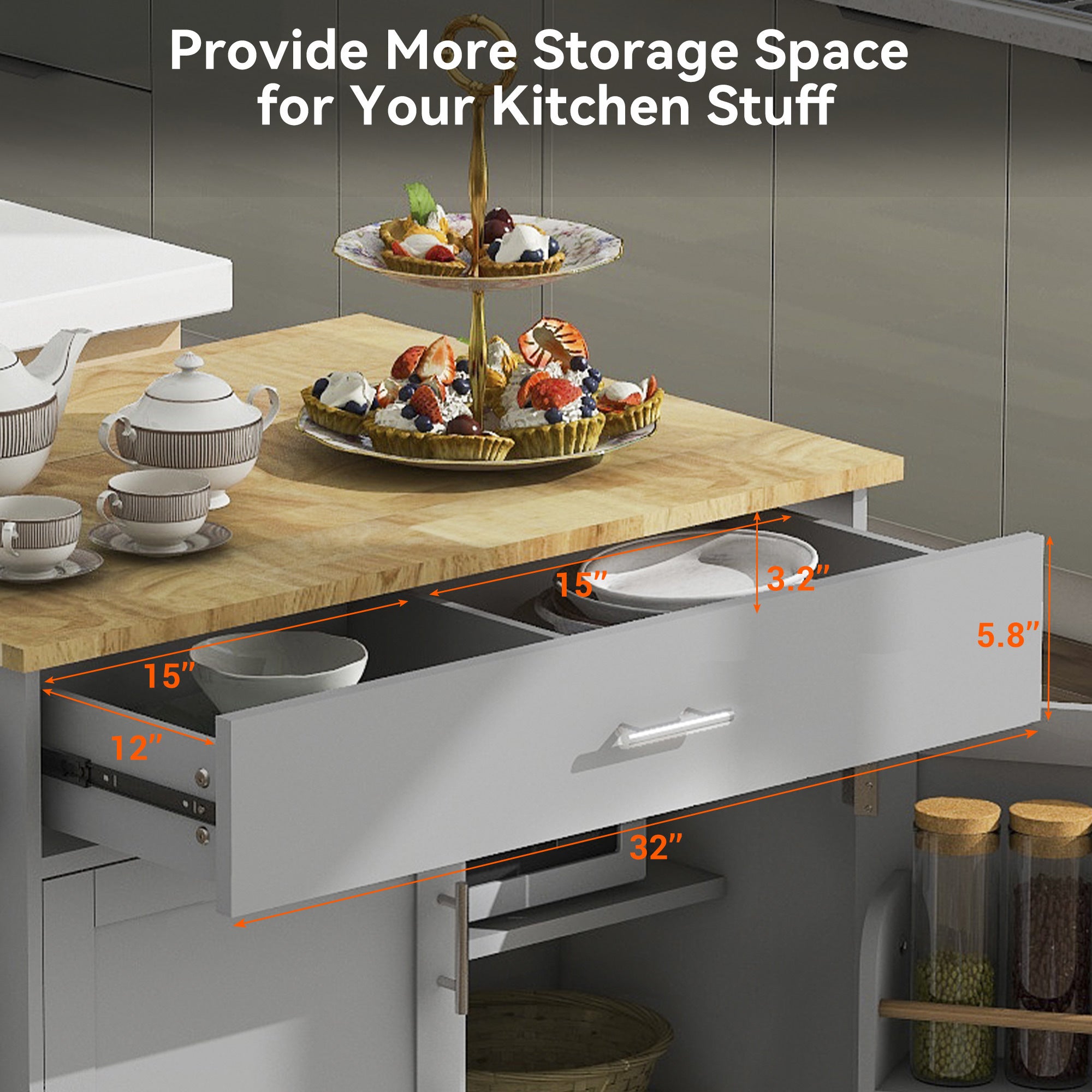 K&K Rolling Kitchen Island with Storage, Rubber Wood Top, Spacious Drawer with Divider and Internal Storage Rack, Grey