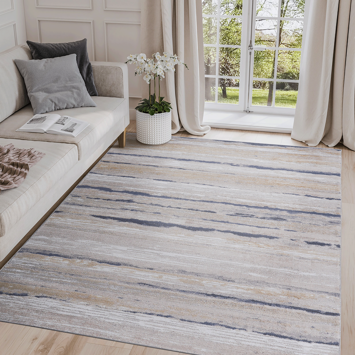 5x7 Striped Area Rug Ivory Blue Non-Shedding Stain Resistant Carpet for Living Room Bedroom Dining Room Home Office