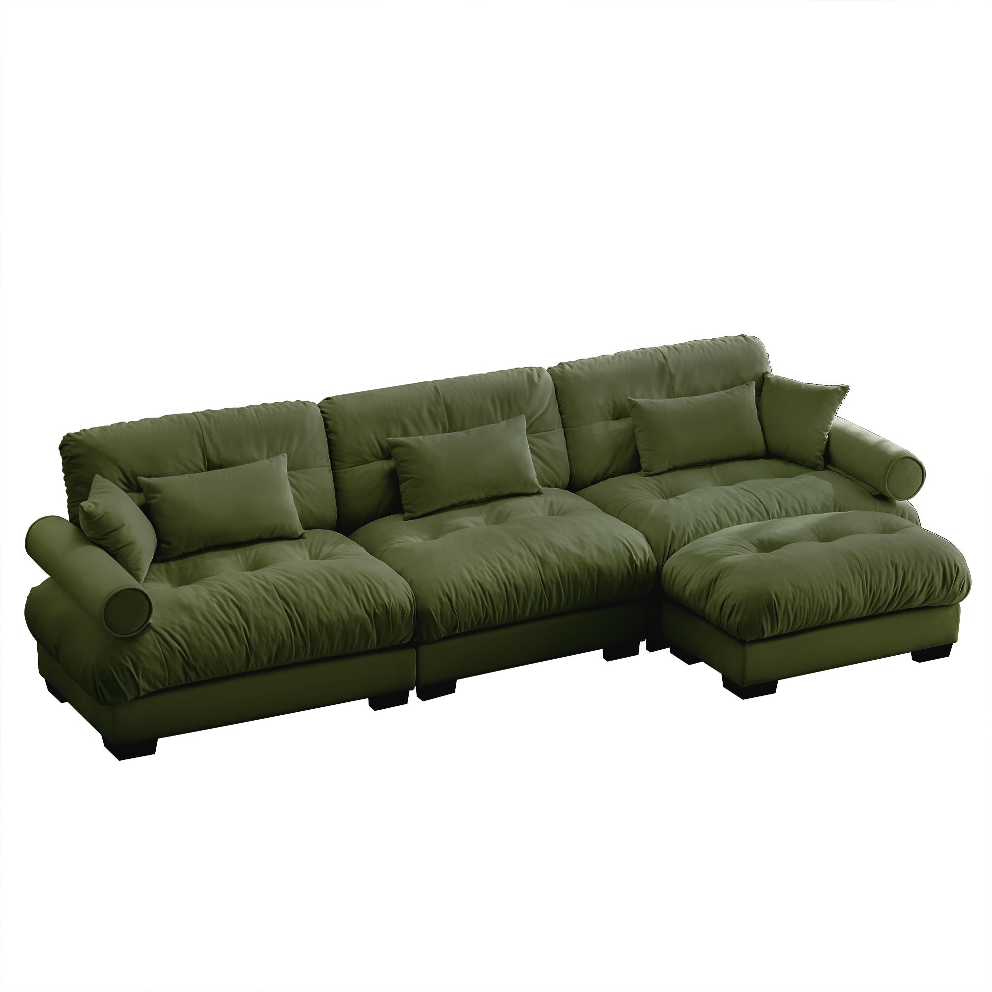 Oversized Modular Velvet Sectional Sofa with Ottoman, Deep Seat L-Shaped Cloud Couch for Living Room, Olive green