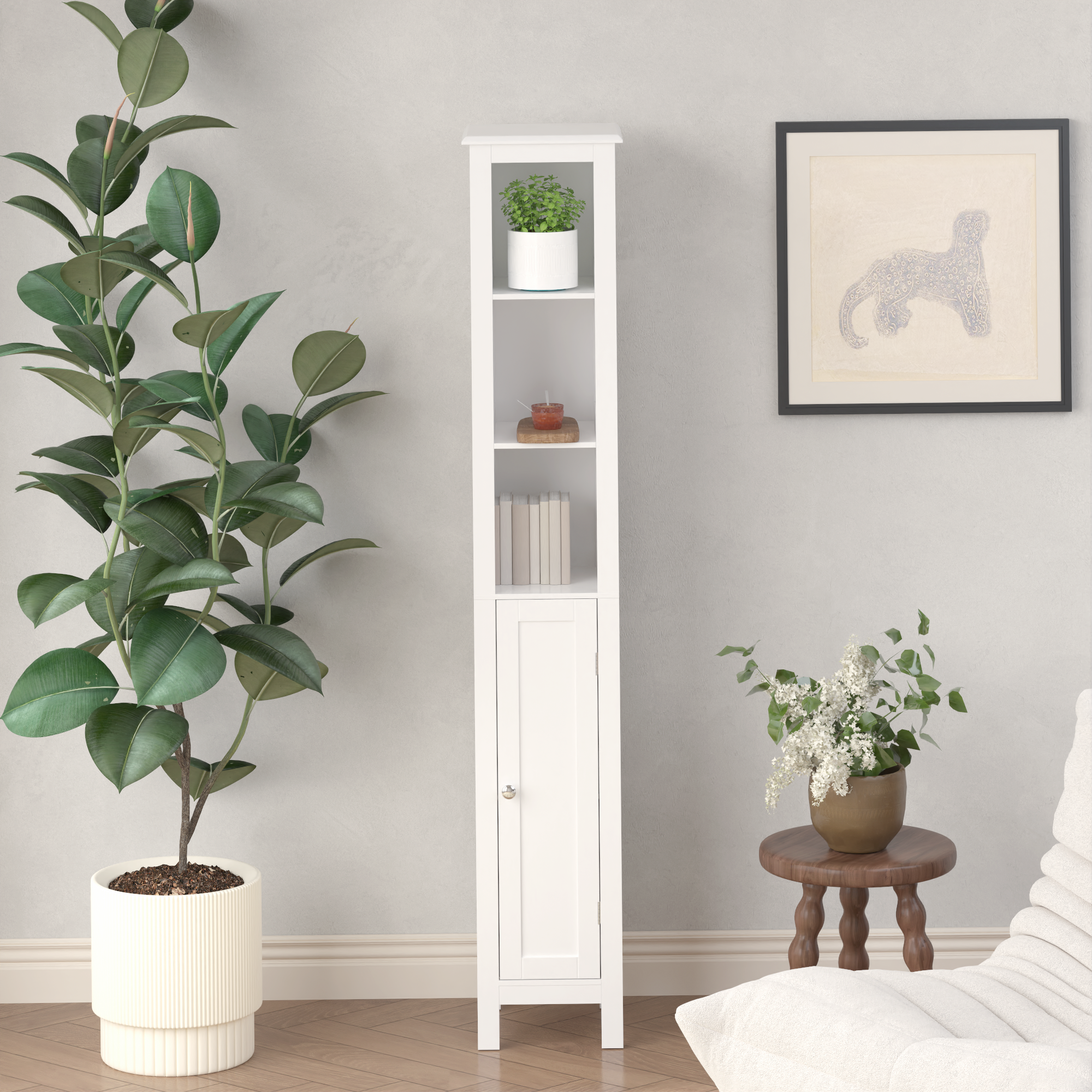 66.92" Tall Bathroom Storage Cabinet with Adjustable Shelves,Slim 1 Doors Freestanding Cabinet with Anti-Tip, Open compartments, for Home, Small Spaces, Bathroom,Kitchen, Living Room, White