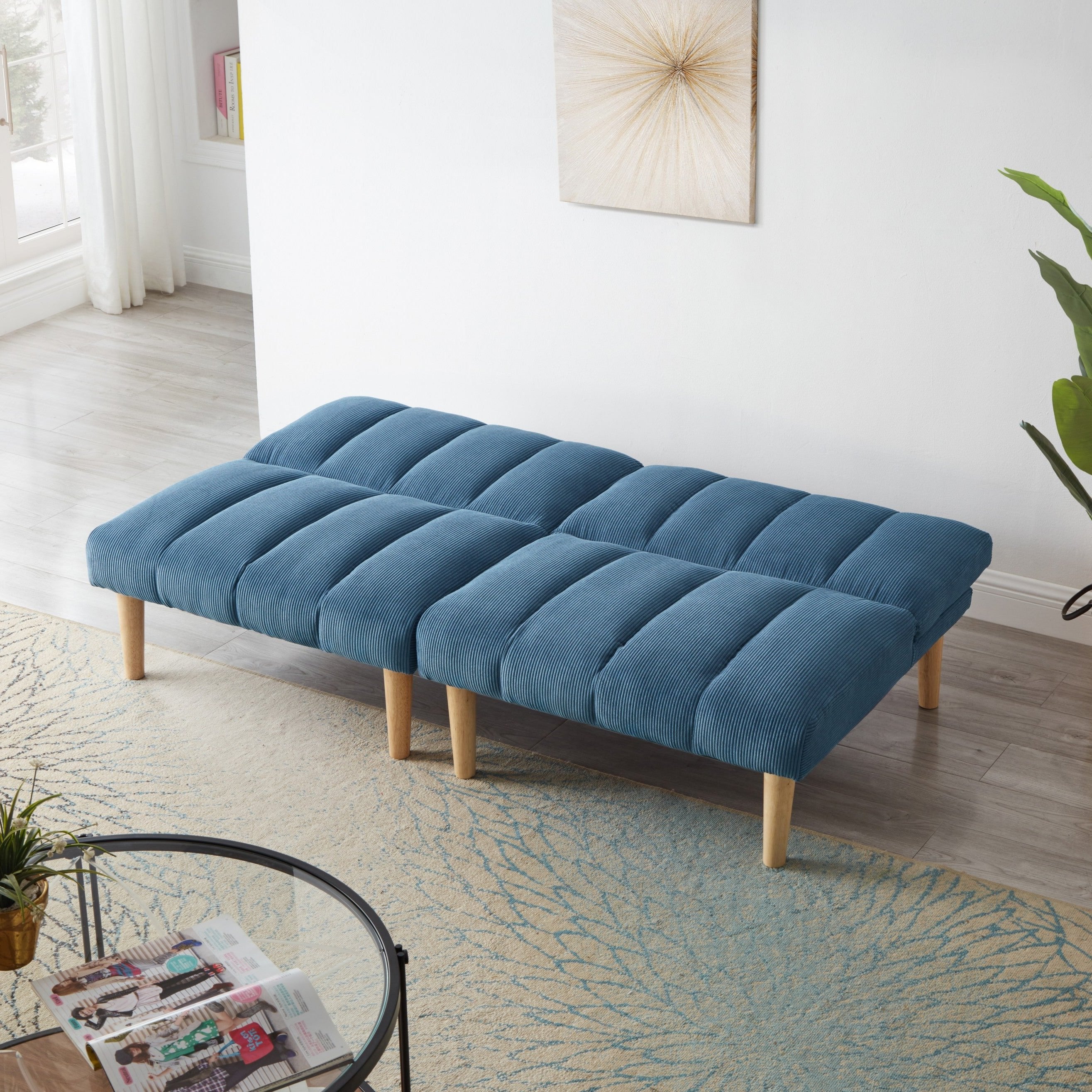 Corduroy fabric, wooden legs convertible sofa bed (Color:Blue)