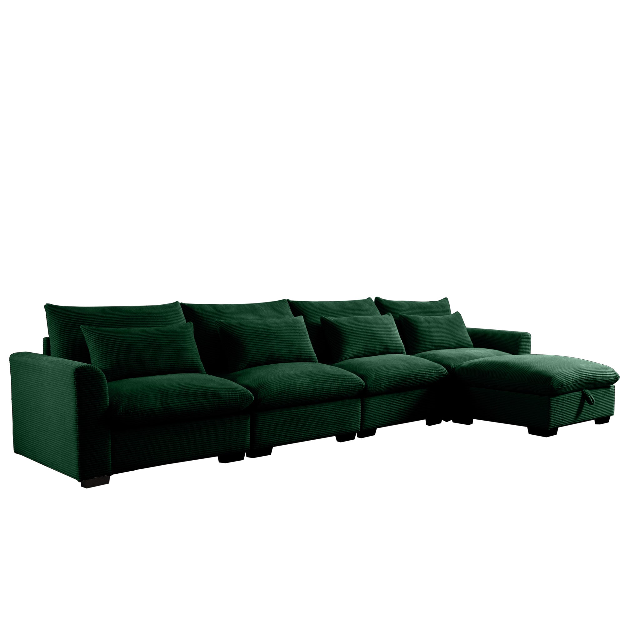 Large L Shape Sectional Corduroy Sofa,Deep Seat Couch with Storage Footstool and 4 Waist Pillows, Green