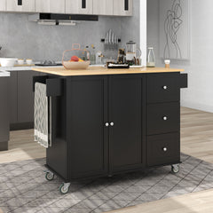 Black Rolling Mobile Kitchen Island with Solid Wood Top and Locking Wheels,52.7" Width with Storage Cabinet and Drop Leaf