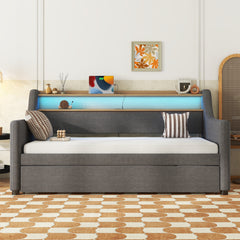 Twin Size Daybed with Trundle Bed, Upholstered Sofa Bed with Charging Station and LED Lights, Gray