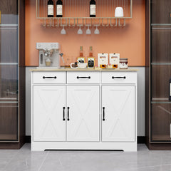 Farmhouse Buffet Cabinet Storage Sideboard with 3 Drawers and 3 Doors for Dining Living Room Kitchen Cupboard-White