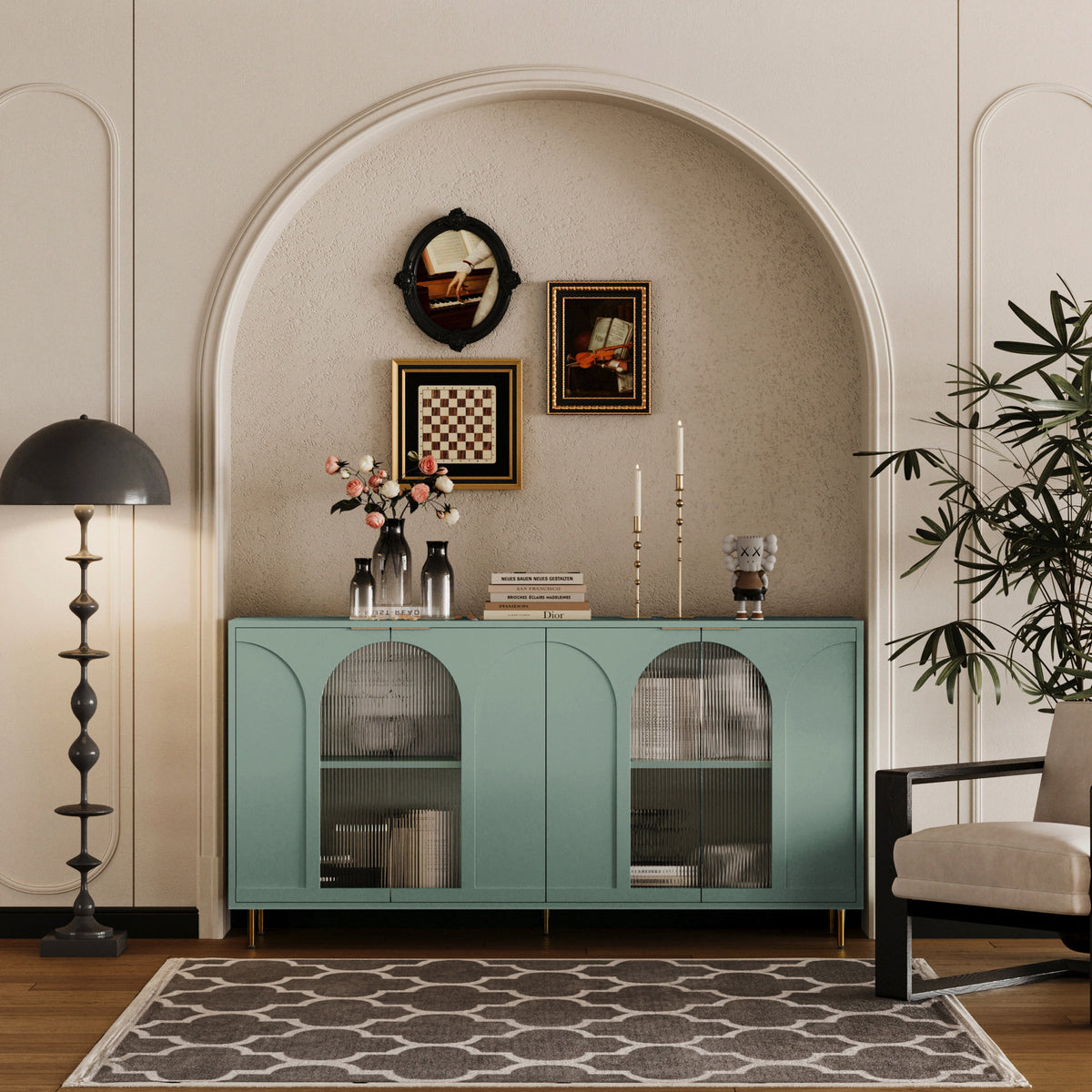 Accent Cabinet Lacquered Wooden Cabinet with 4 Glass Doors Sideboard Buffet Server Cabinet Storage Cabinet, for Living Room, Entryway, Hallway, Office, Kitchen and Dining Room, Mint Green