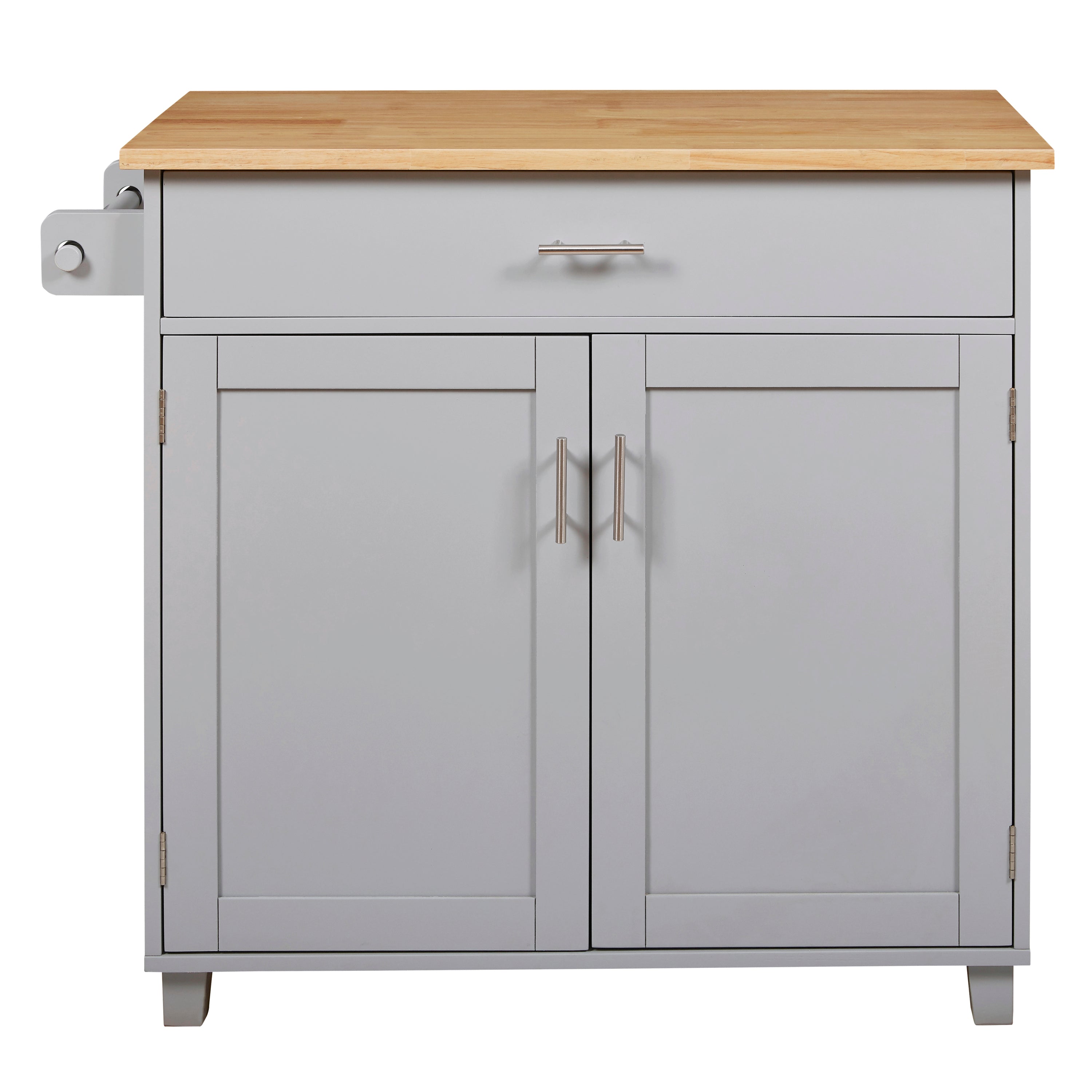 K&K Rolling Kitchen Island with Storage, Rubber Wood Top, Spacious Drawer with Divider and Internal Storage Rack, Grey