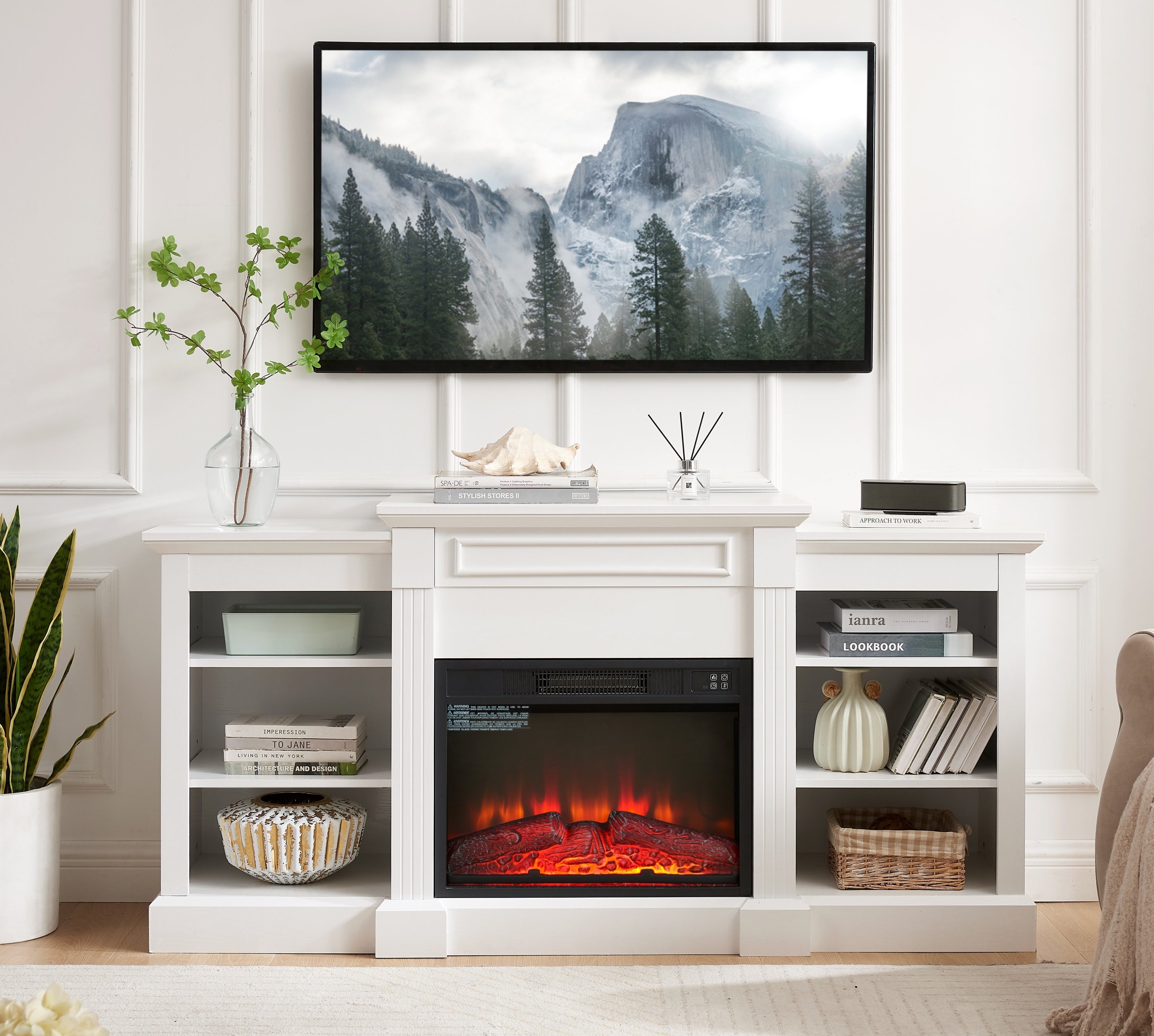 Modern Media Console Table with Large Storage, 23" Fireplace Insert, Fits TVs up to 70", White