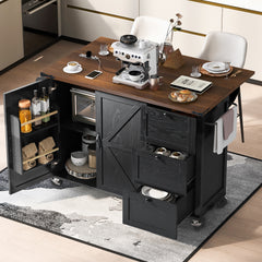 K&K 54.5" Kitchen Storage Island  with Internal Storage Rack, Drop Leaf, Spice Rack, Rolling Kitchen Cart on Wheels, Black