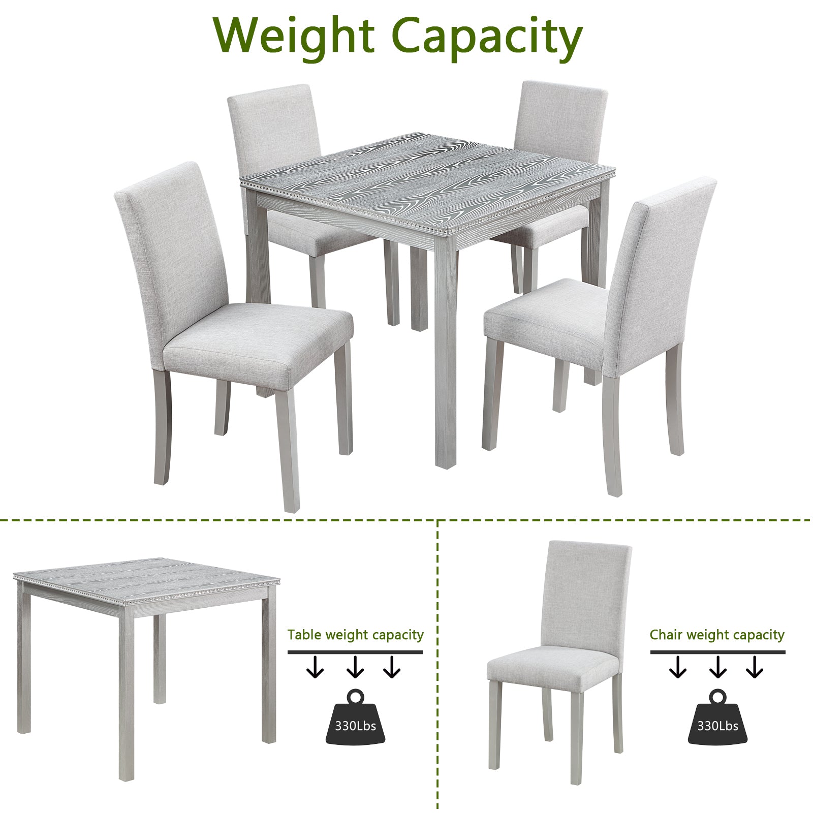 5 Piece Wooden Dining Table Set, Kitchen Table Set with a Square Table and 4 Upholstered Chairs, Wooden Dining Room Table with Crystal Decoration and Chairs Set for Kitchen, Dining Room, Silver grey