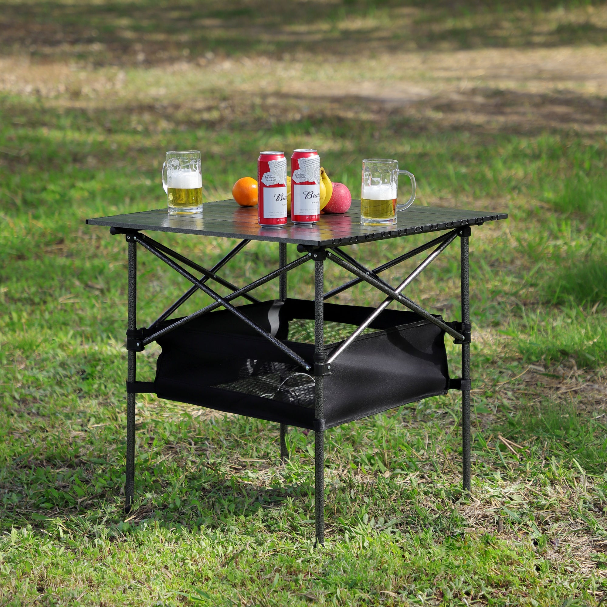 3-Piece Folding Table Chairs Set Patio Garden for Camping, BBQ & Backyard - Black/Green