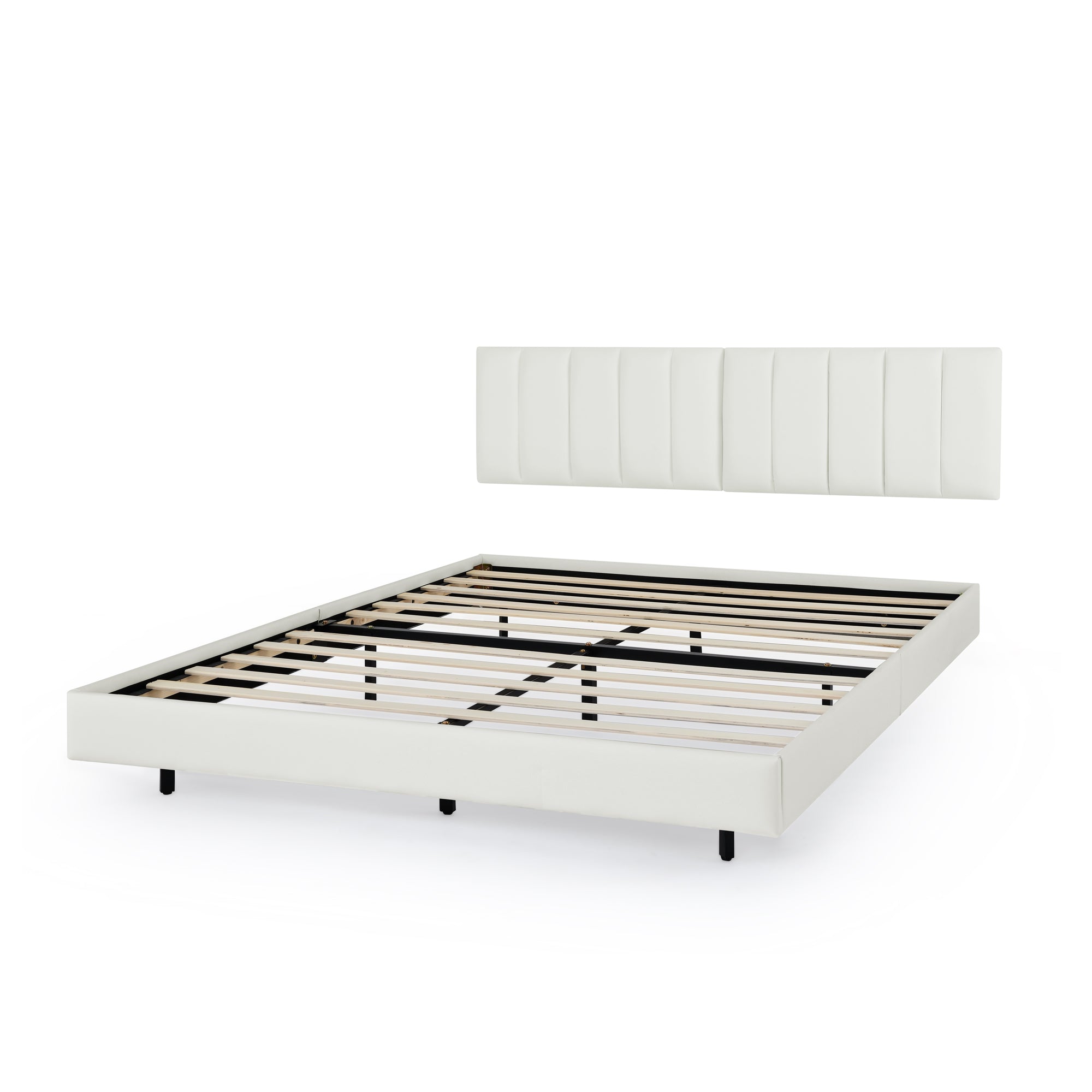 Queen Floating Bed Frame with Wall Mounted Headboard Modern Low Profile Platform Bed Frame Queen Size Faux Leather Upholstered Platform Bed Frame,No Box Spring Needed,White