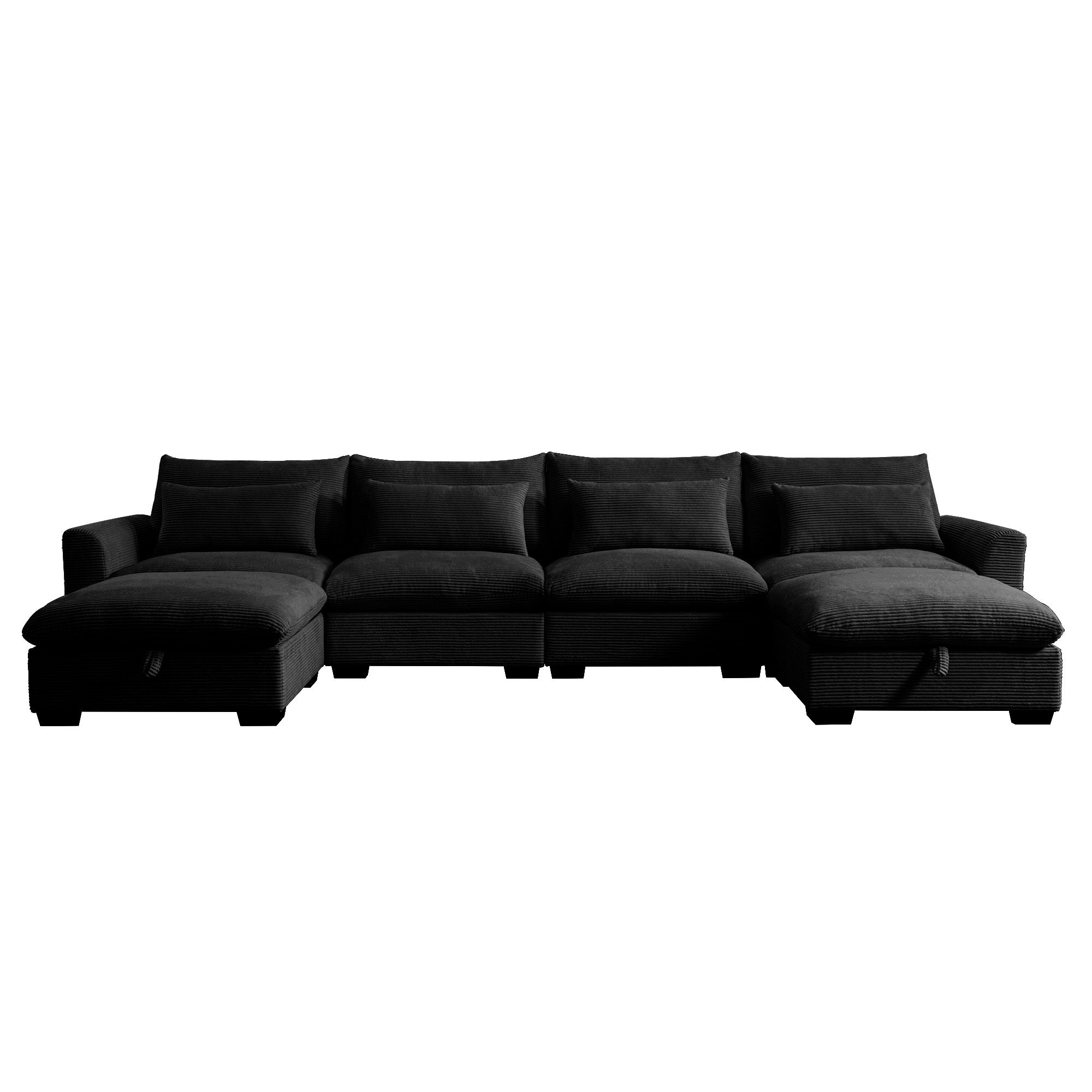 Big Deep Seat U-Shaped Corduroy Sectional Couches for Living Room, 4 Seater Sofa Couch with 2 Storage Footstool and 4 Waist Pillows (Corduroy, Black)