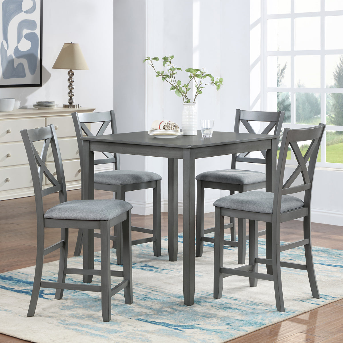 5 Piece Dining Table Set, Wooden Dining Square Table Set for 4, Counter Height Kitchen Table Set with Square Table and 4 Upholstered Chairs for Small Space, Gray