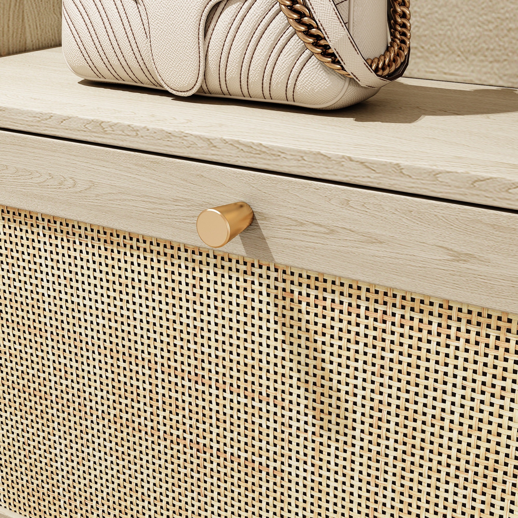 Boho Shoe Cabinet with 3 Rattan Flip Drawers & Storage, Natural
