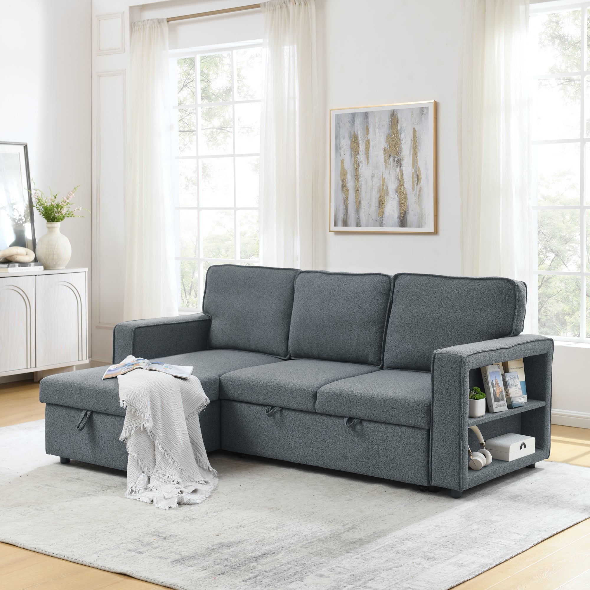 Linen Upholstered Sleeper Sectional Sofa, Shaped Modular Convertible Sofa with Storage Chaise,There are two cup holders in the middle and USB multi-interface function,Pull Out Sleep Couch Bed ,Grey