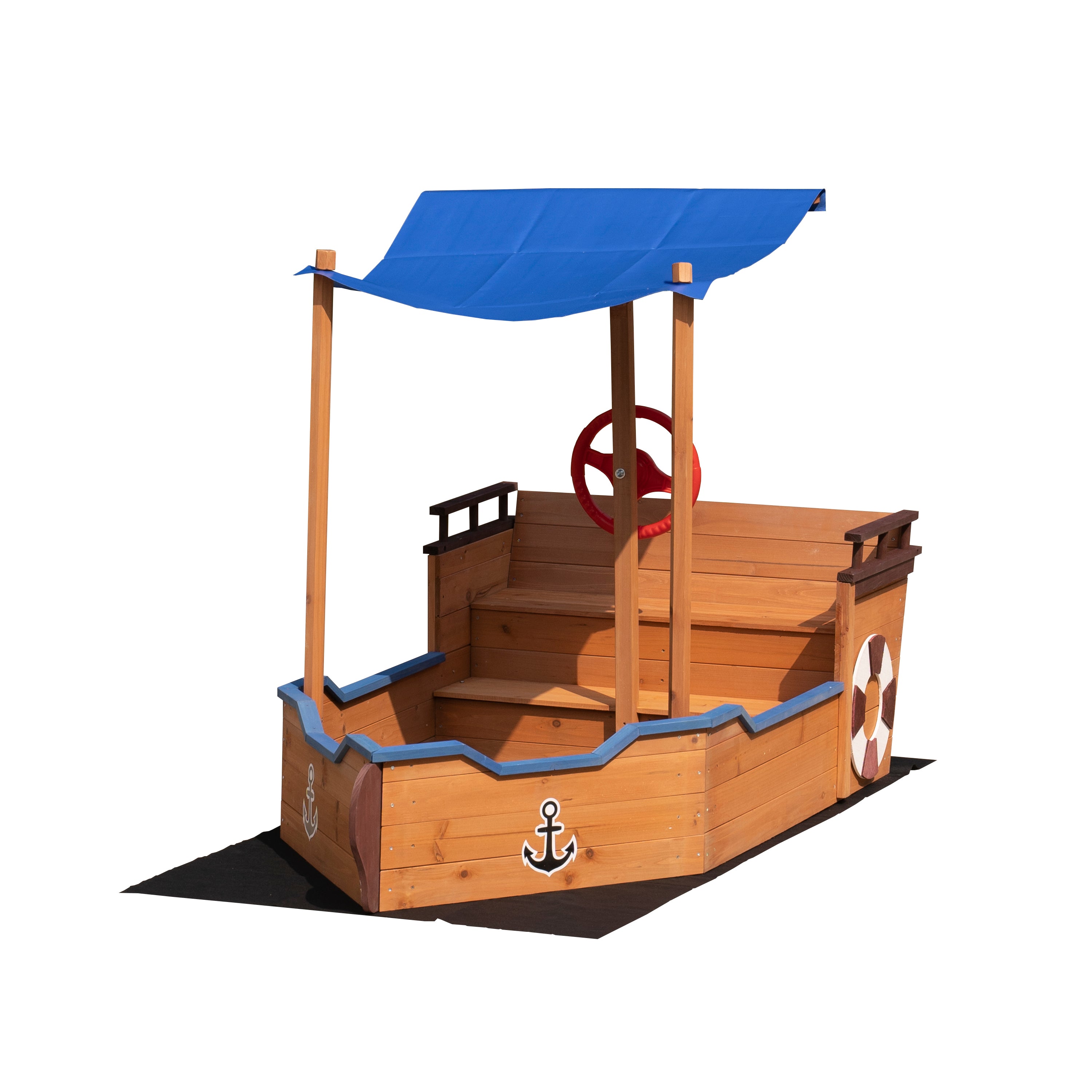 Wooden Pirate Ship Sandbox with Cover & Storage Bench for Kids