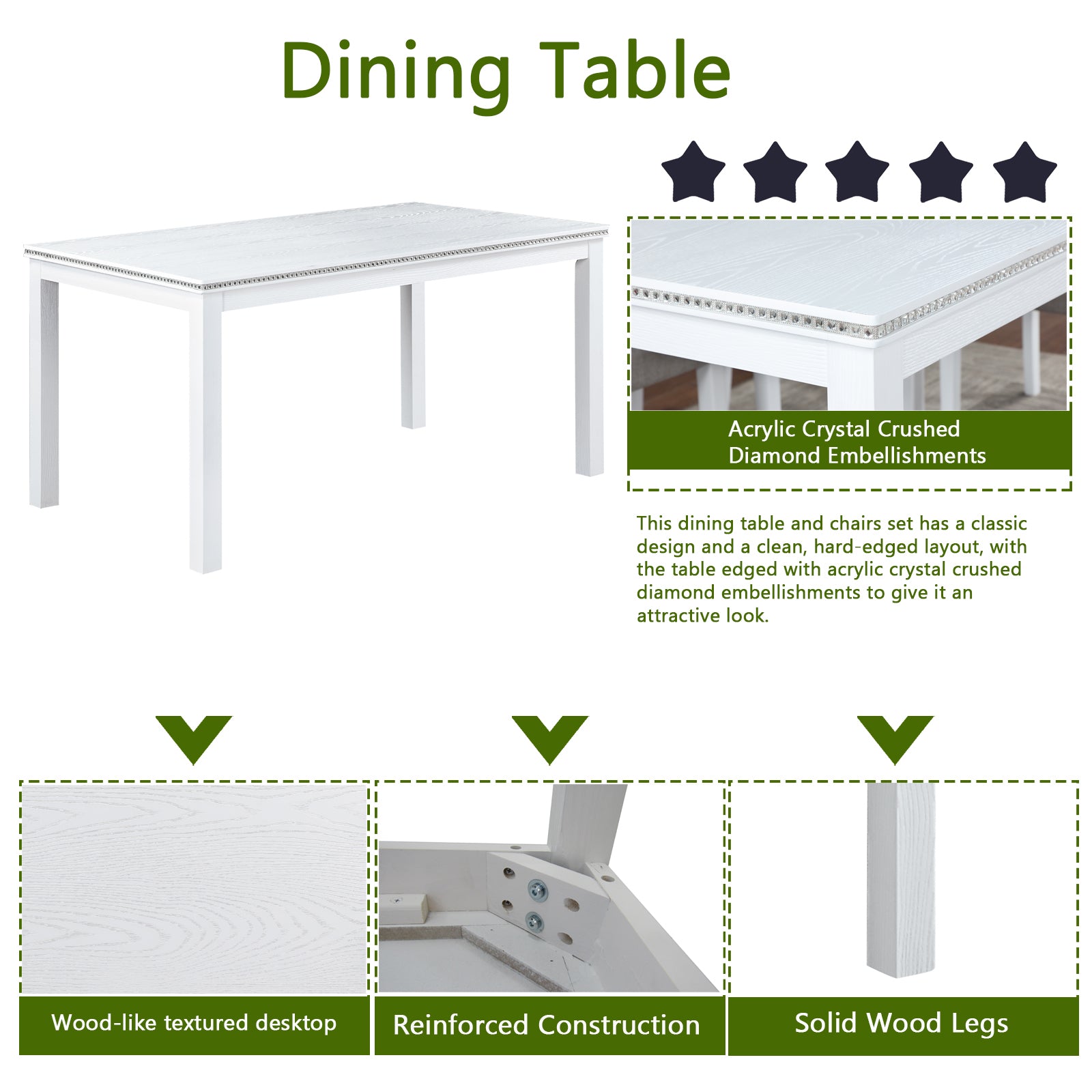 Wooden Dining Rectangular Table with Bench, Kitchen Table with Bench for Small Space, 6 Person Dining Table, White