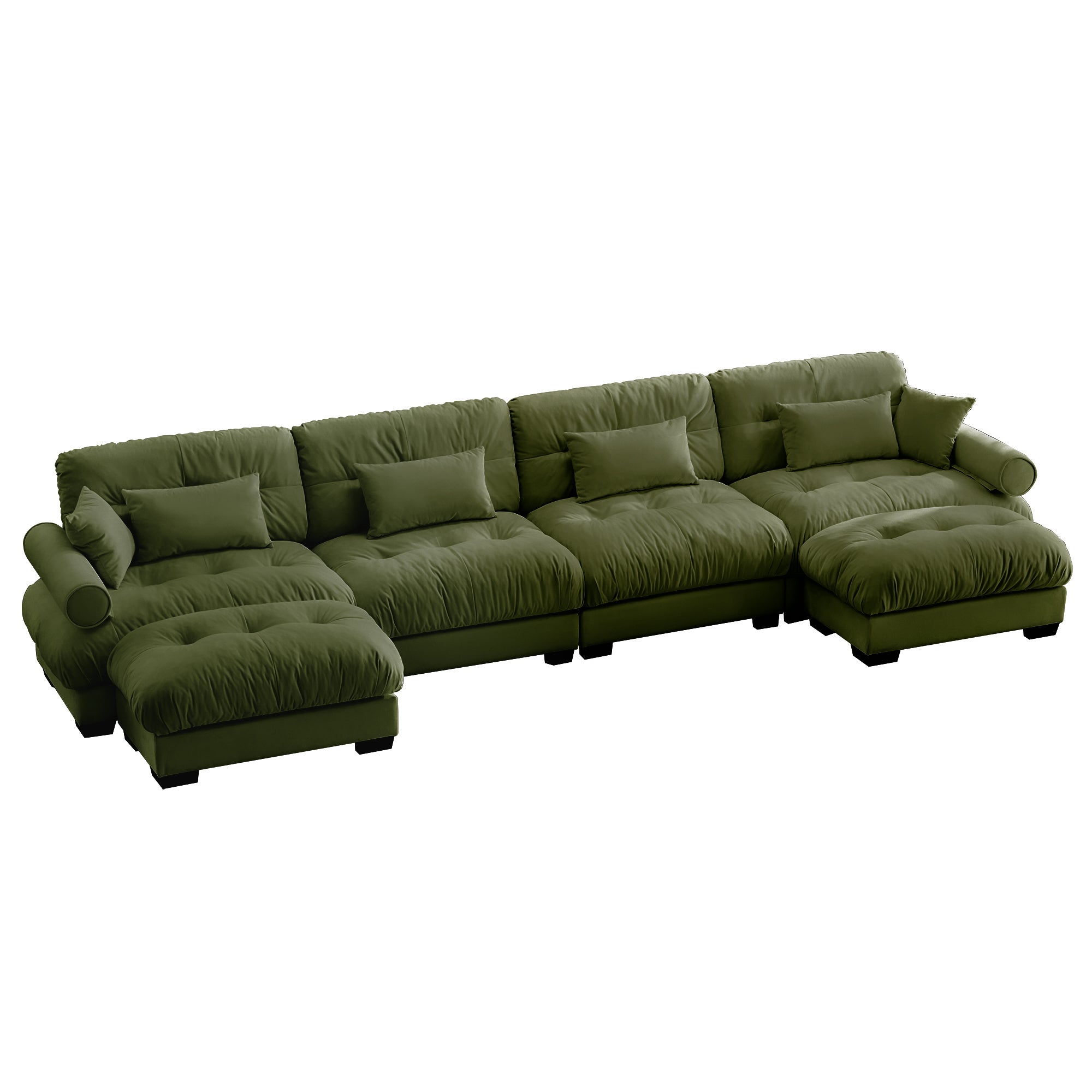 U-Shaped Velvet Sectional Cloud Couch with Movable Ottomans, Deep 4-Seater with Bolstered Armrests and Pillows, Olive green