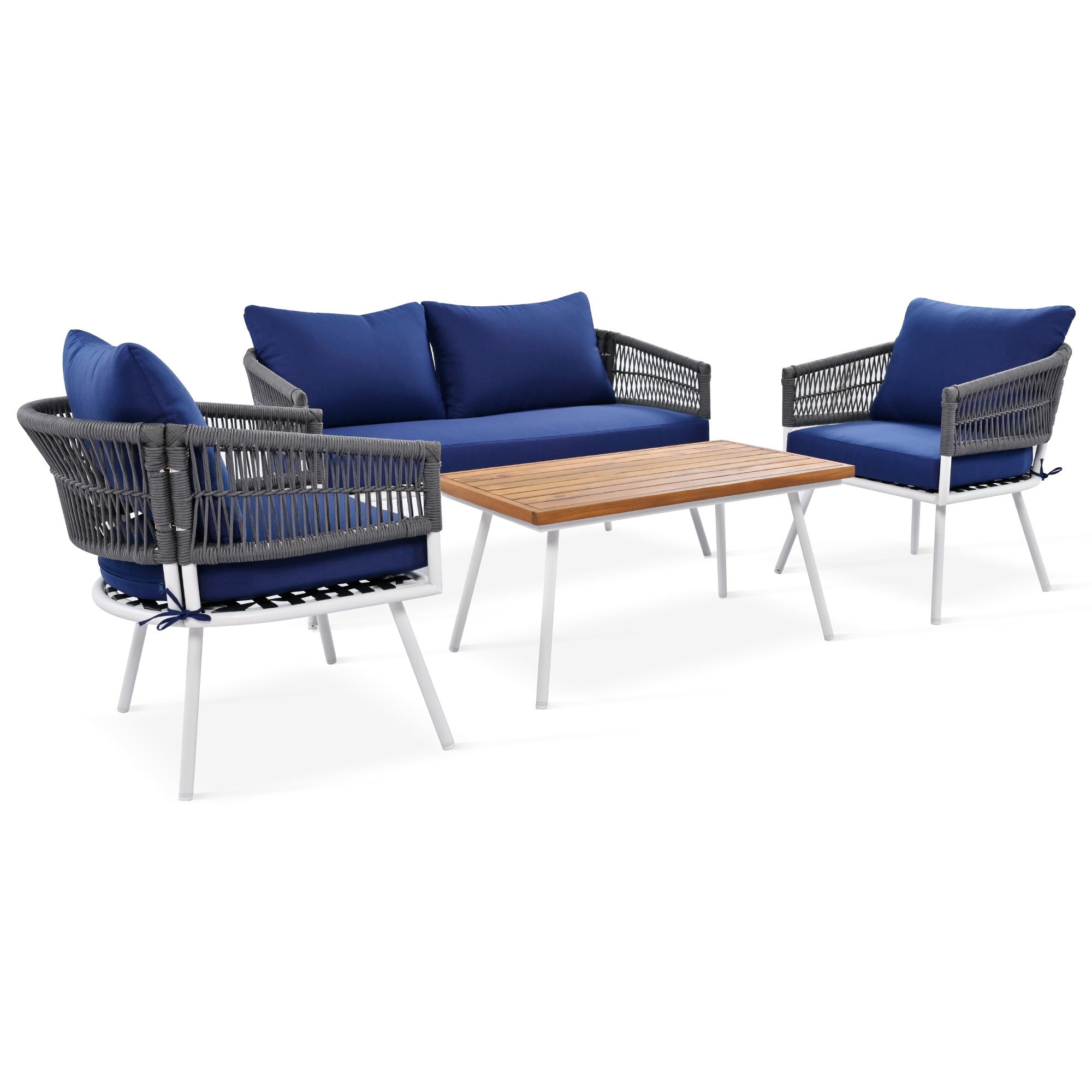 K&K 4-Piece Boho Rope Patio Furniture Set, Outdoor Furniture with Acacia Wood Table, Patio Conversation Set with Deep Seating & Thick Cushion for Backyard Porch Balcony, Navy Blue