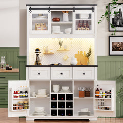 K&K 71" Kitchen Island with Hutch, Sliding Door, Pegboard, Wine & Glasses Rack, Rustic Coffee Bar Storage Cabinet, White